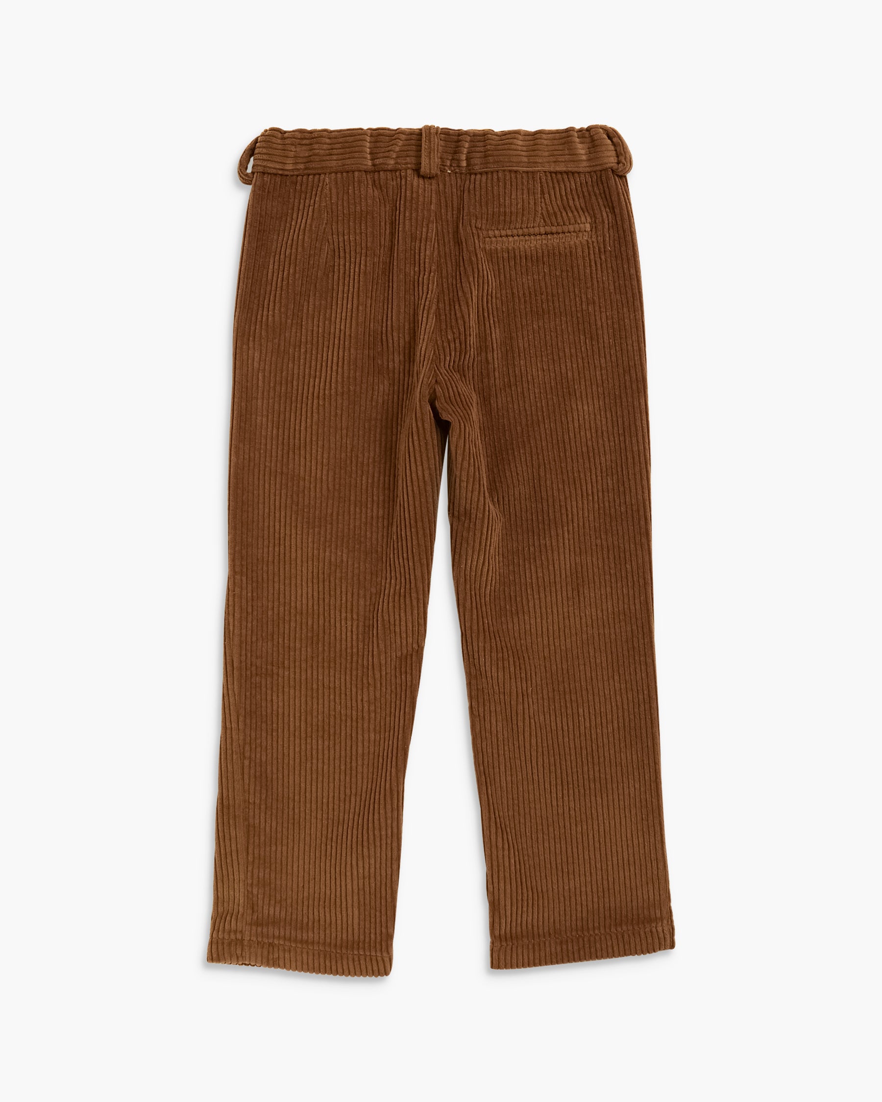 A pair of brown corduroy trousers shown from the back, featuring a textured corduroy fabric, belt loops, and a single welt pocket on the left side, laid flat against a light gray background.