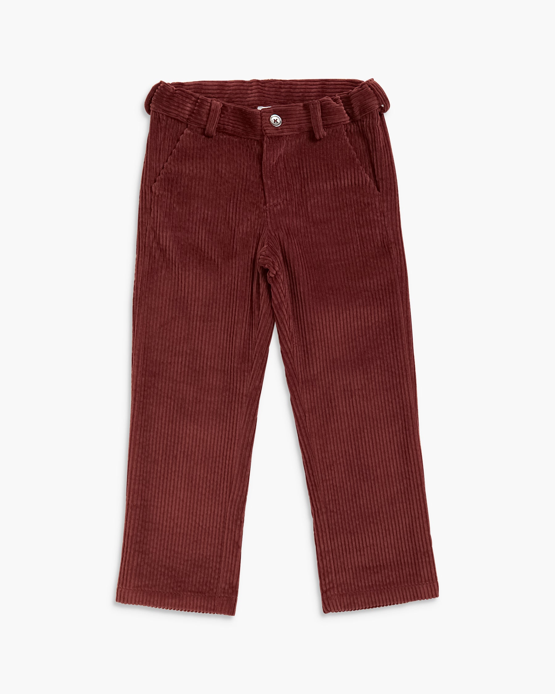 A pair of toddler's corduroy trousers in a deep burgundy color, laid flat against a clean white background.