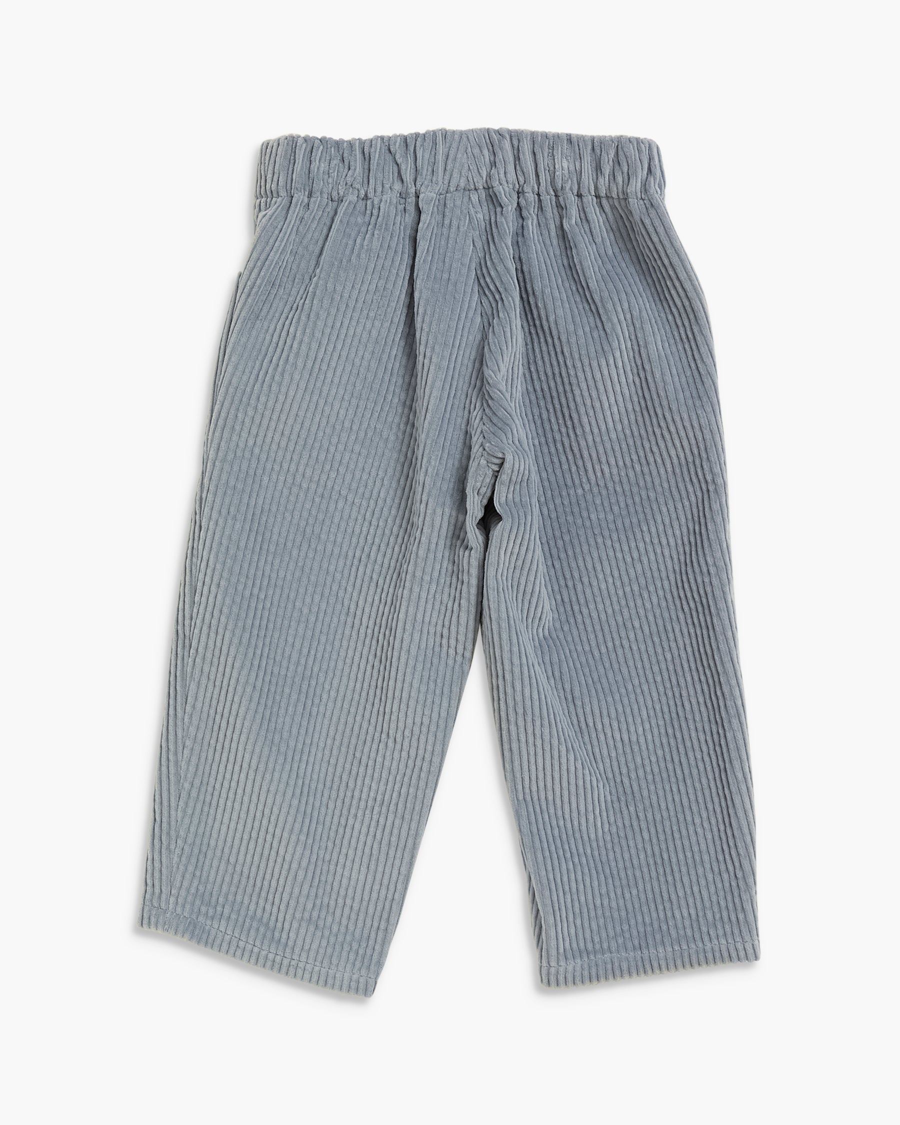 A pair of children's pants in a gray and white vertical stripe corduroy fabric, featuring an elastic waistband, shown against a plain white background.