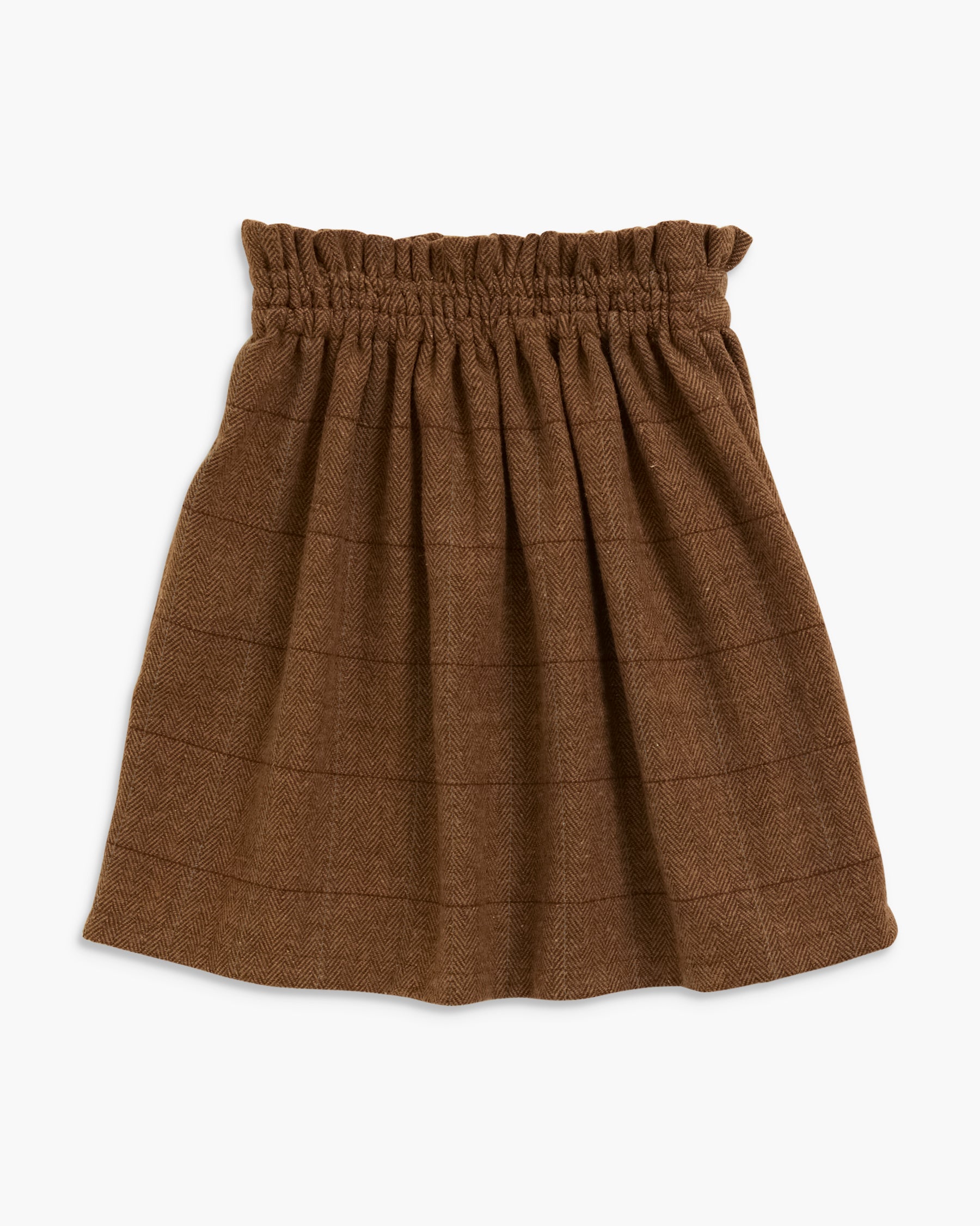 A brown pleated skirt with a subtle windowpane plaid pattern and an elasticized waistband, shown against a plain white background.