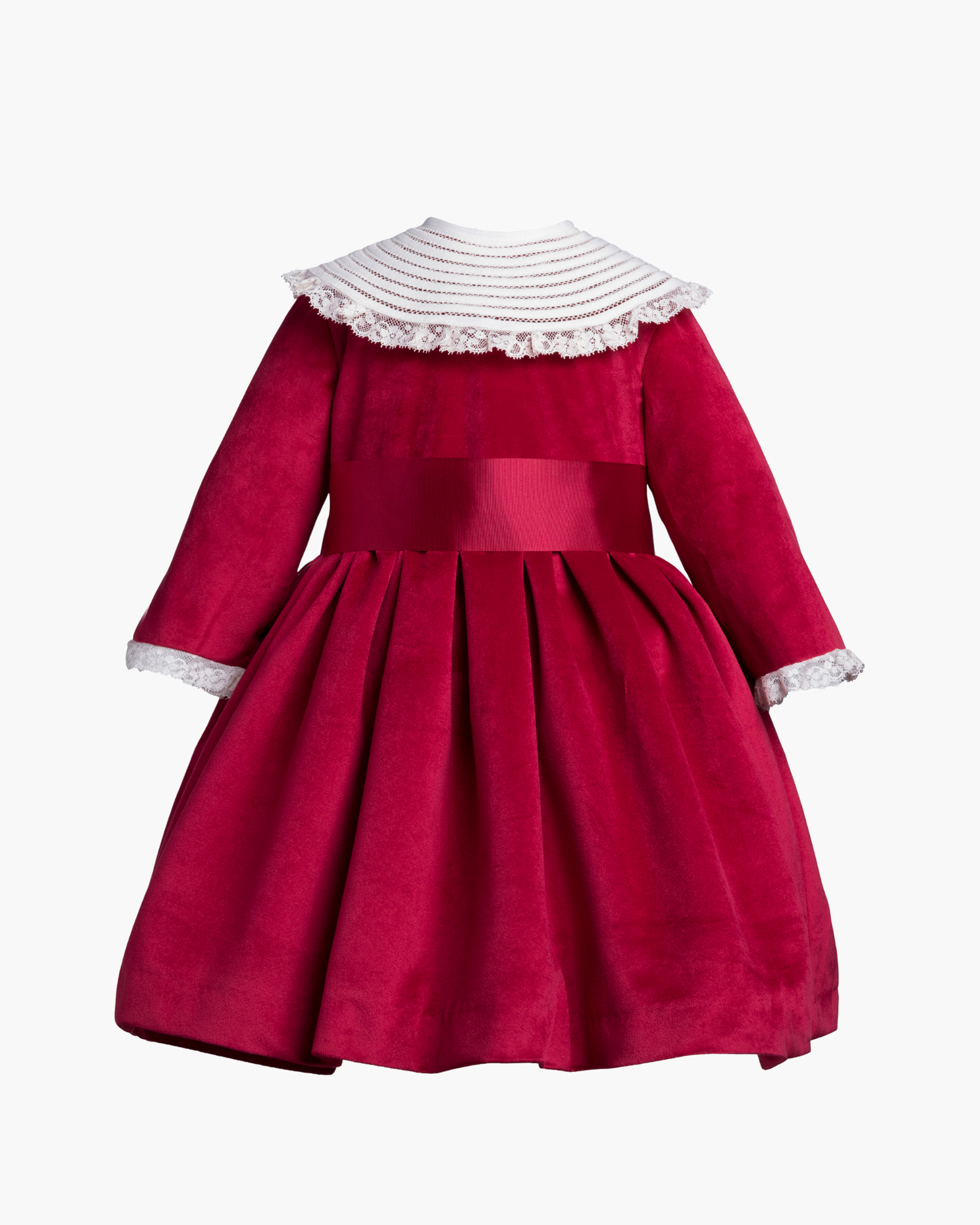 Red dress with white lace details on a white background