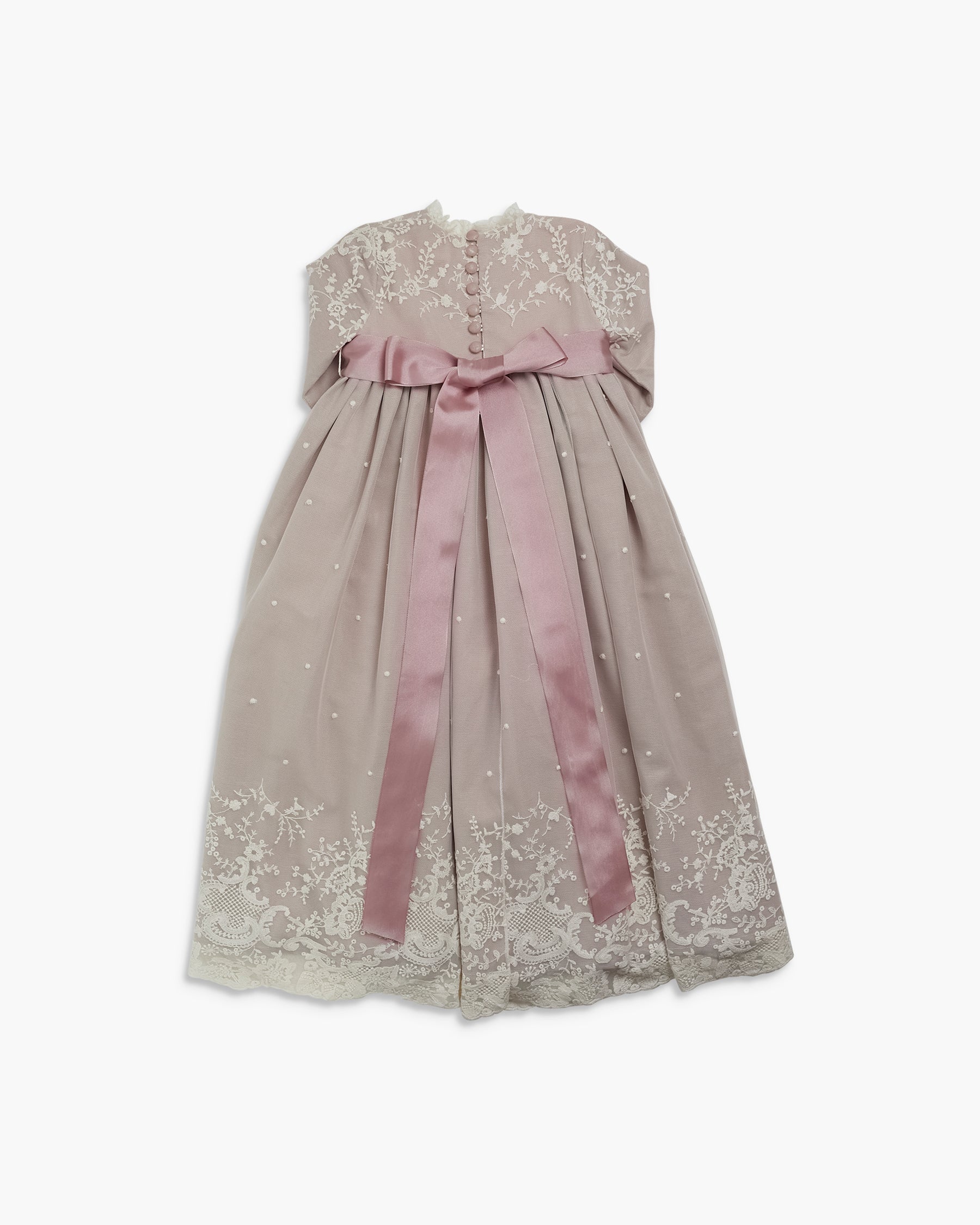Gray dress with lace details and a pink ribbon on a white background