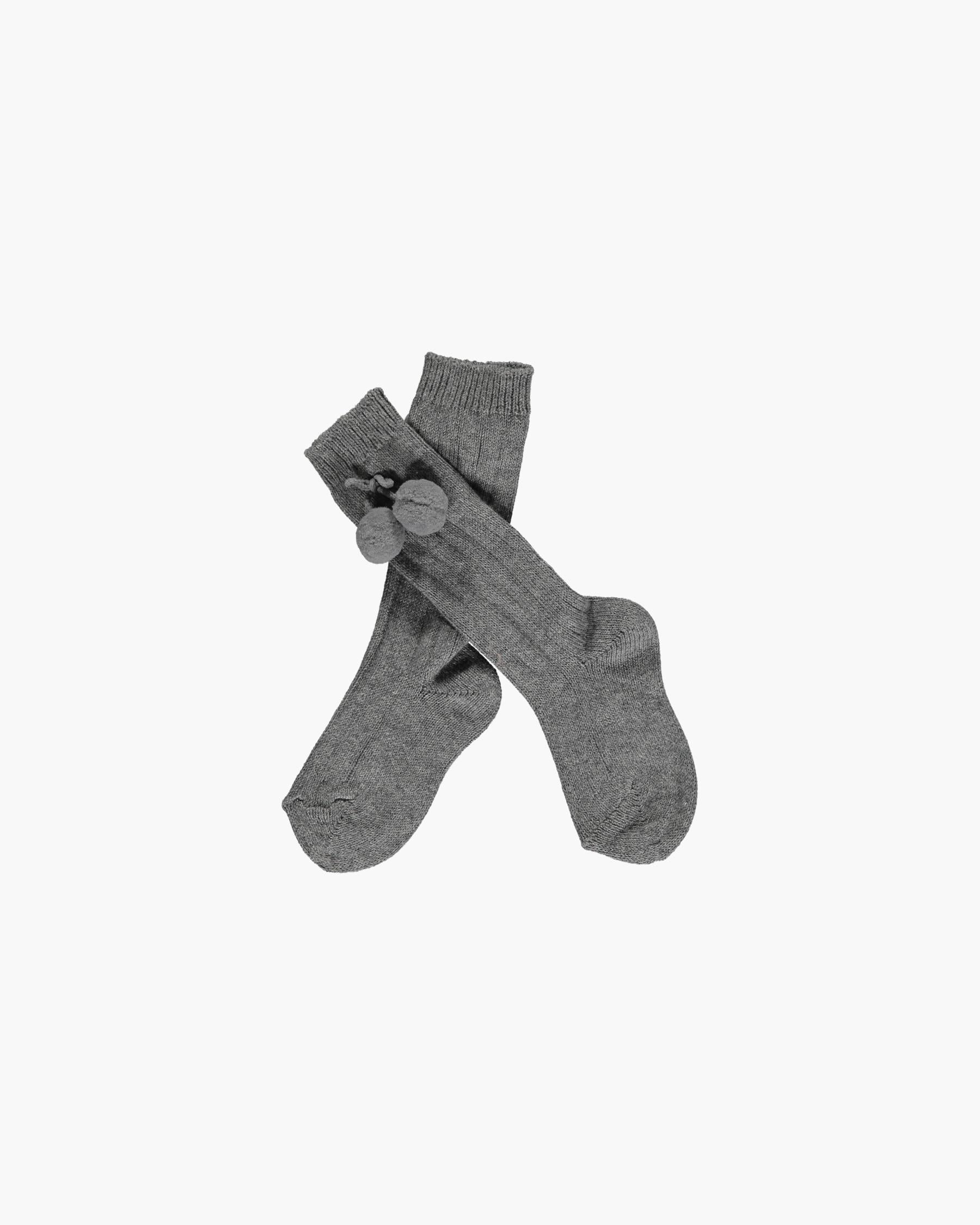 Ribbed High Knee Pom Pom Socks Grey