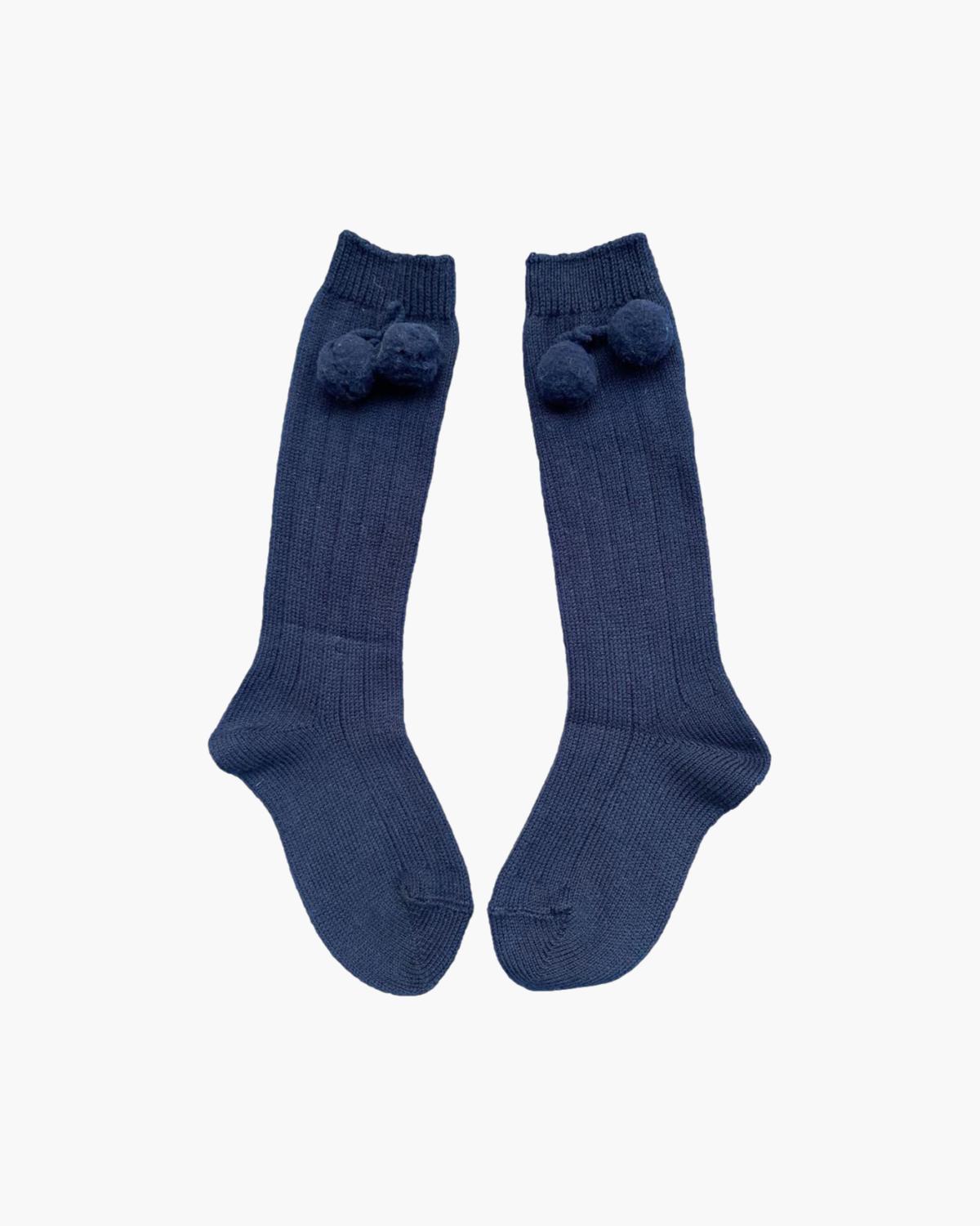 Ribbed High knee Pom Pom Socks Navy