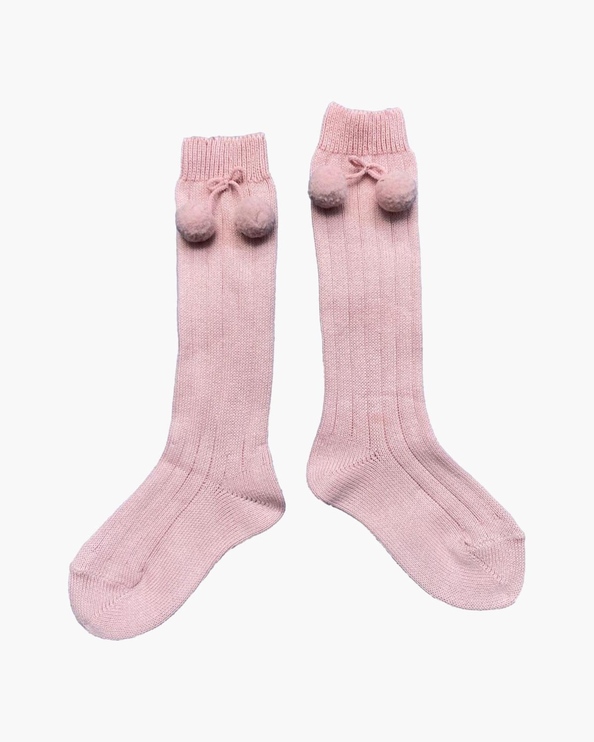 Ribbed High Knee Pom Pom Socks Pink