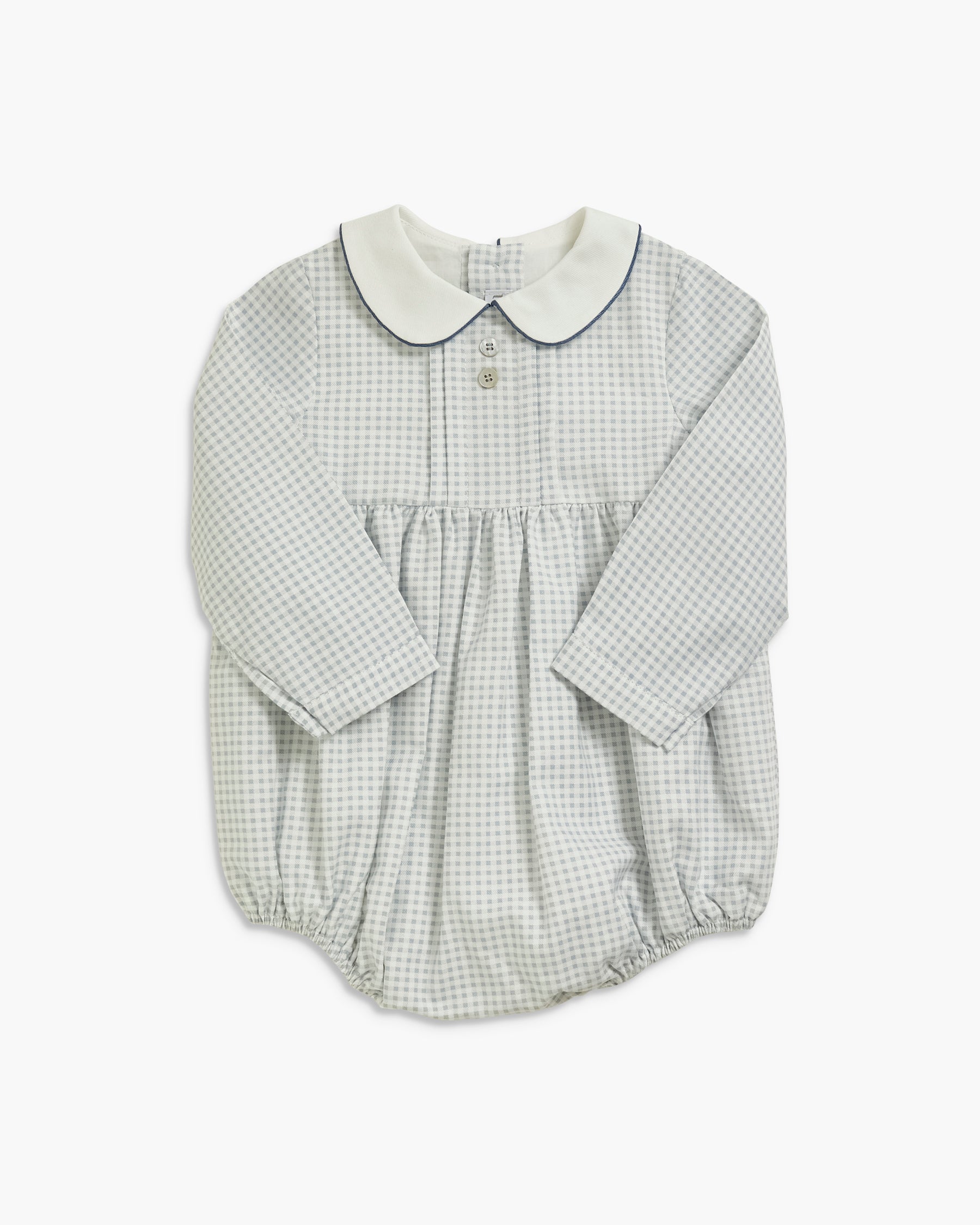A baby long-sleeve romper in a light green and white gingham pattern, featuring a contrasting white Peter Pan collar and a buttoned neckline.