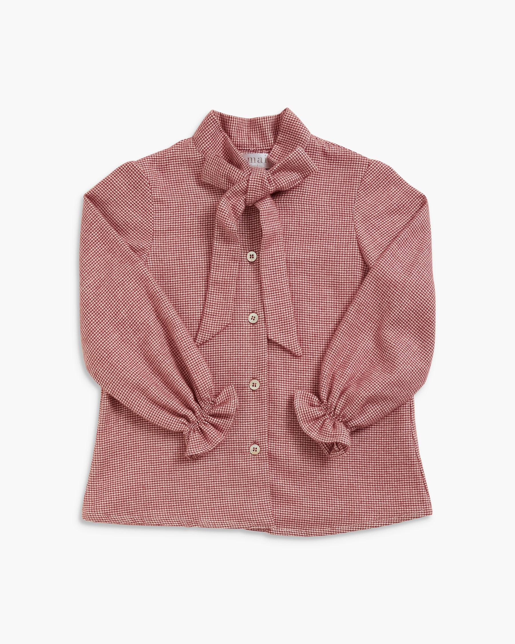 A dusty rose pink and white micro-check patterned blouse with a bow tie-neck, button front, and gathered elbow-length sleeves, shown flat on a light gray background.