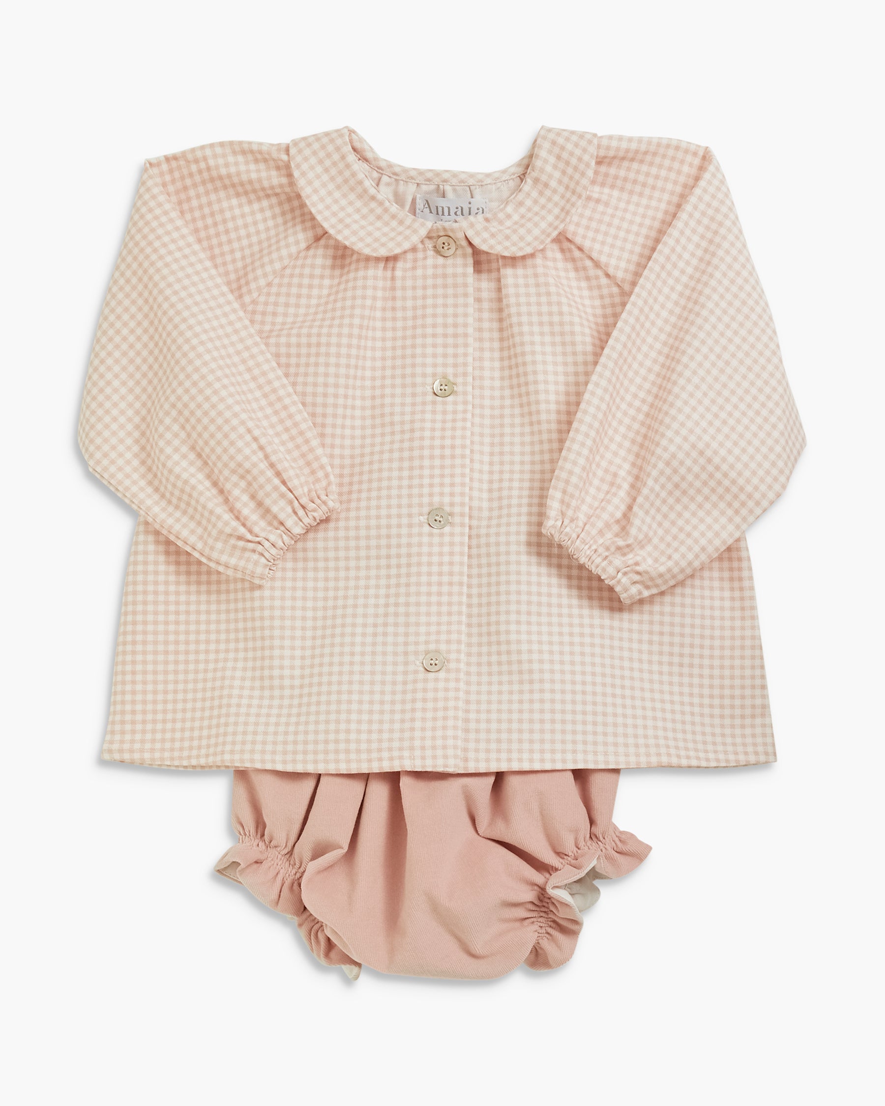 A baby girl's two-piece outfit set featuring a long-sleeve button-up shirt in a beige and white gingham pattern with a Peter Pan collar, paired with matching dusty pink ruffled bloomers, laid flat against a light gray background.