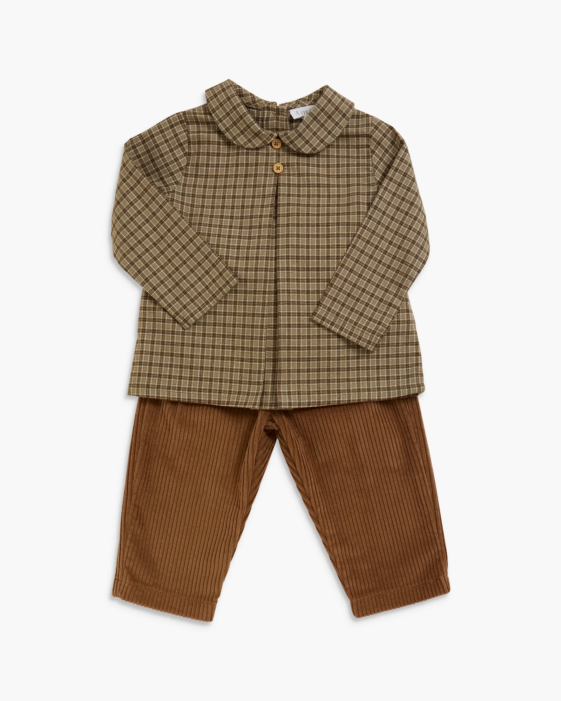 A toddler boy's two-piece clothing set featuring a long-sleeve button-up shirt in a brown and beige plaid pattern with a collar, paired with brown corduroy pants, shown on a light gray background.