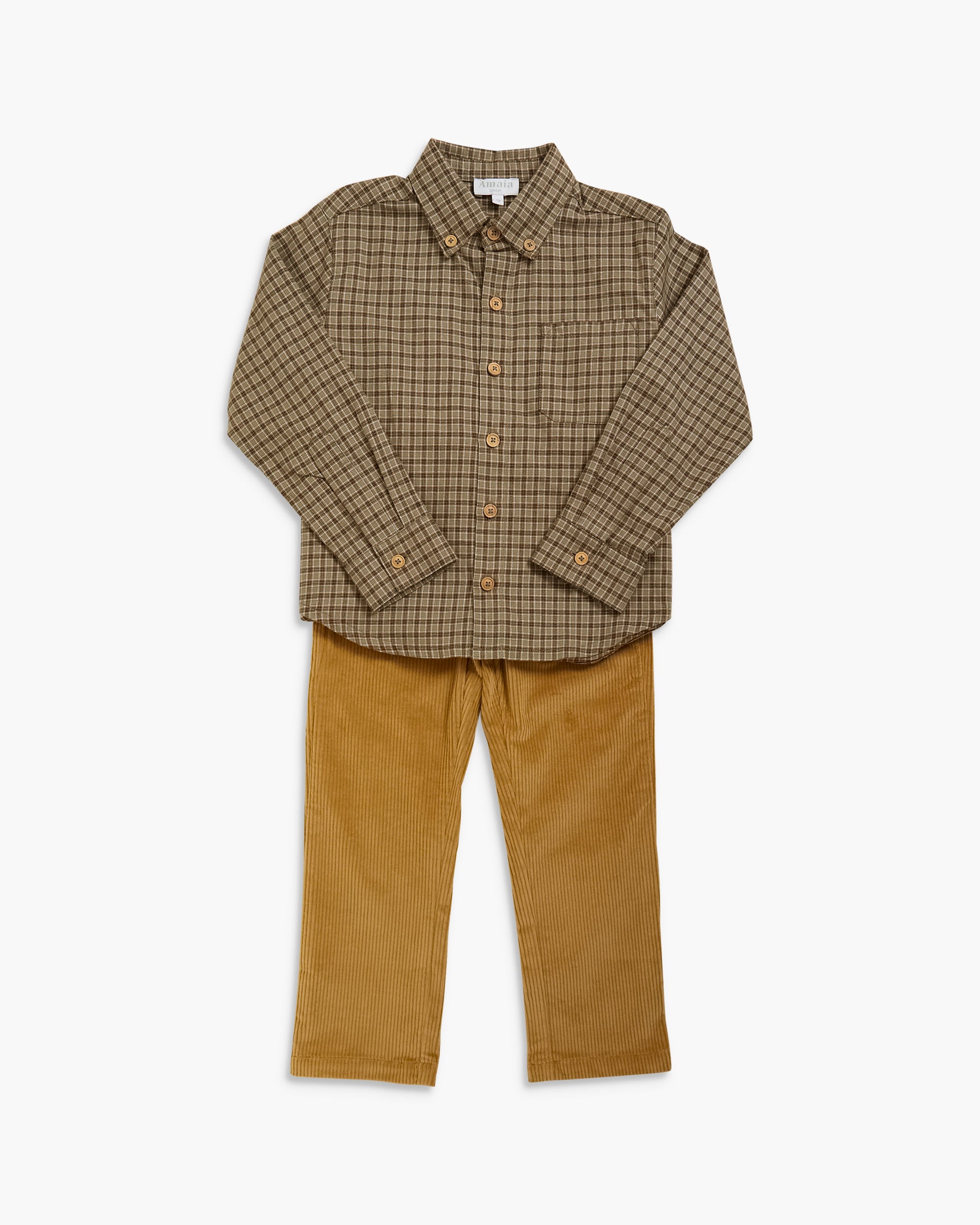 A children's two-piece outfit set featuring a long-sleeve button-down shirt in a brown and beige checkered pattern, paired with mustard yellow corduroy pants, displayed on a clean white background.