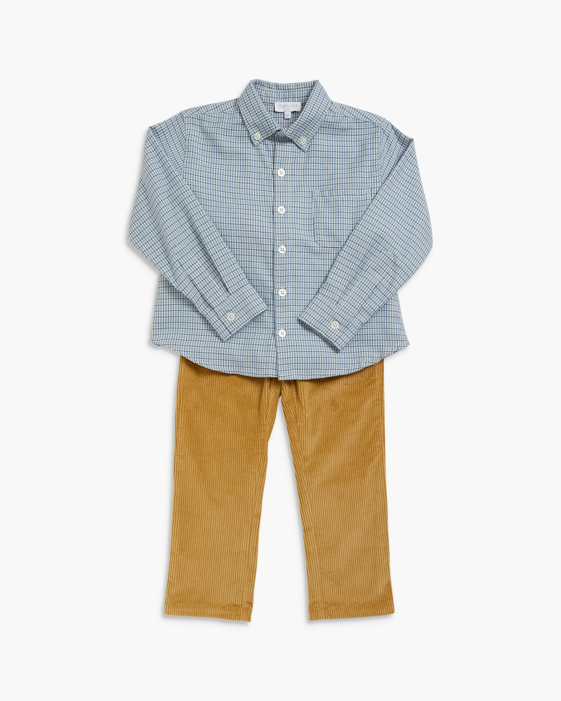 A children's two-piece outfit consisting of a light blue and white micro-check long-sleeve button-down shirt and mustard yellow corduroy pants, laid flat on a white background.