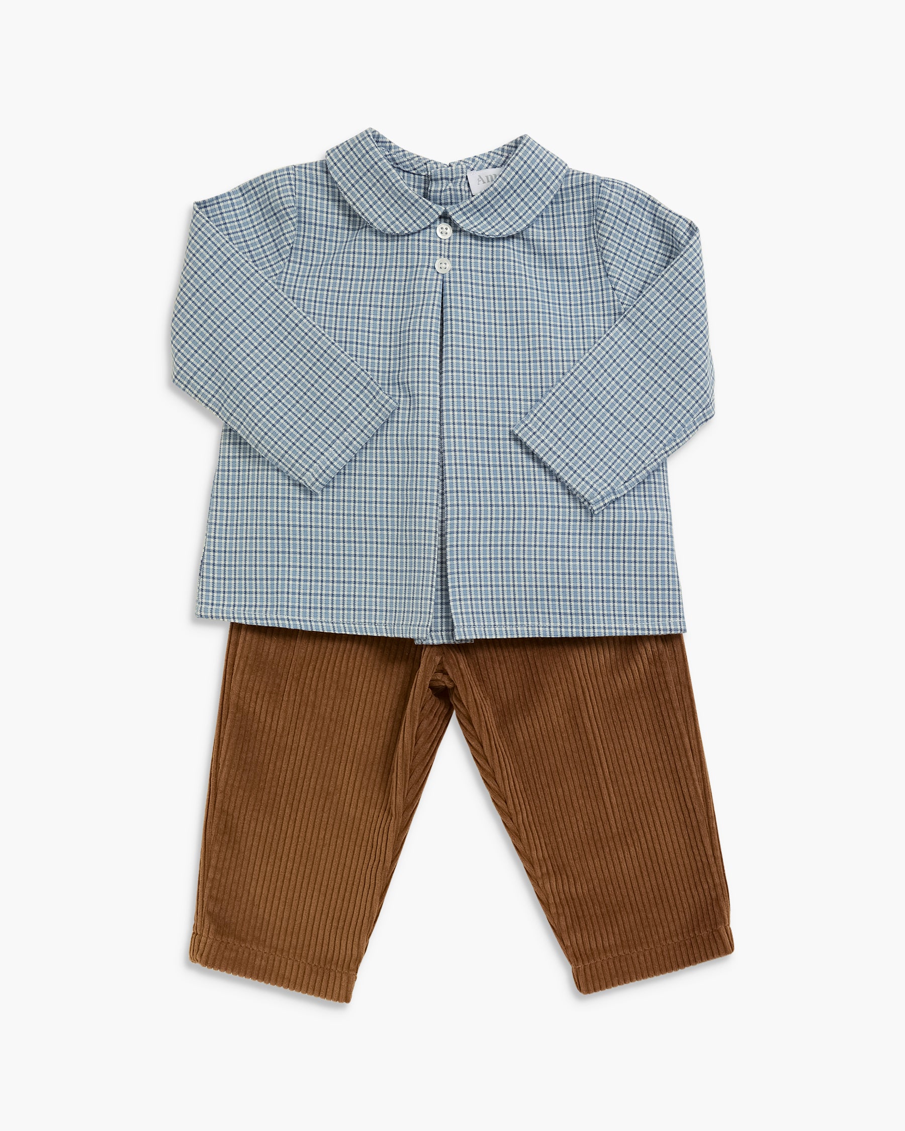 A toddler boy's two-piece clothing set featuring a light blue and white gingham long-sleeve button-up shirt with a Peter Pan collar, paired with brown corduroy pants, shown flat on a light gray background.