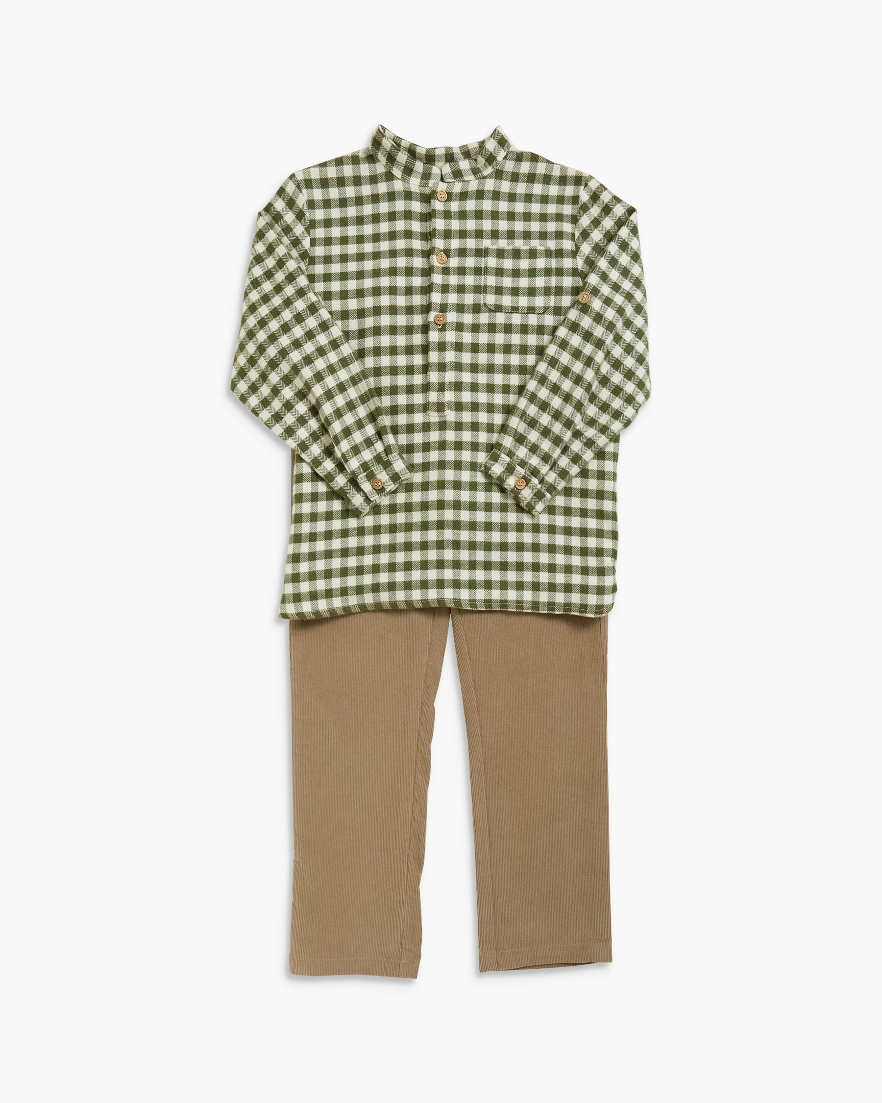 A long-sleeve button-up shirt with a green and white gingham check pattern, featuring a mandarin collar and a chest pocket, laid flat against a light gray background.