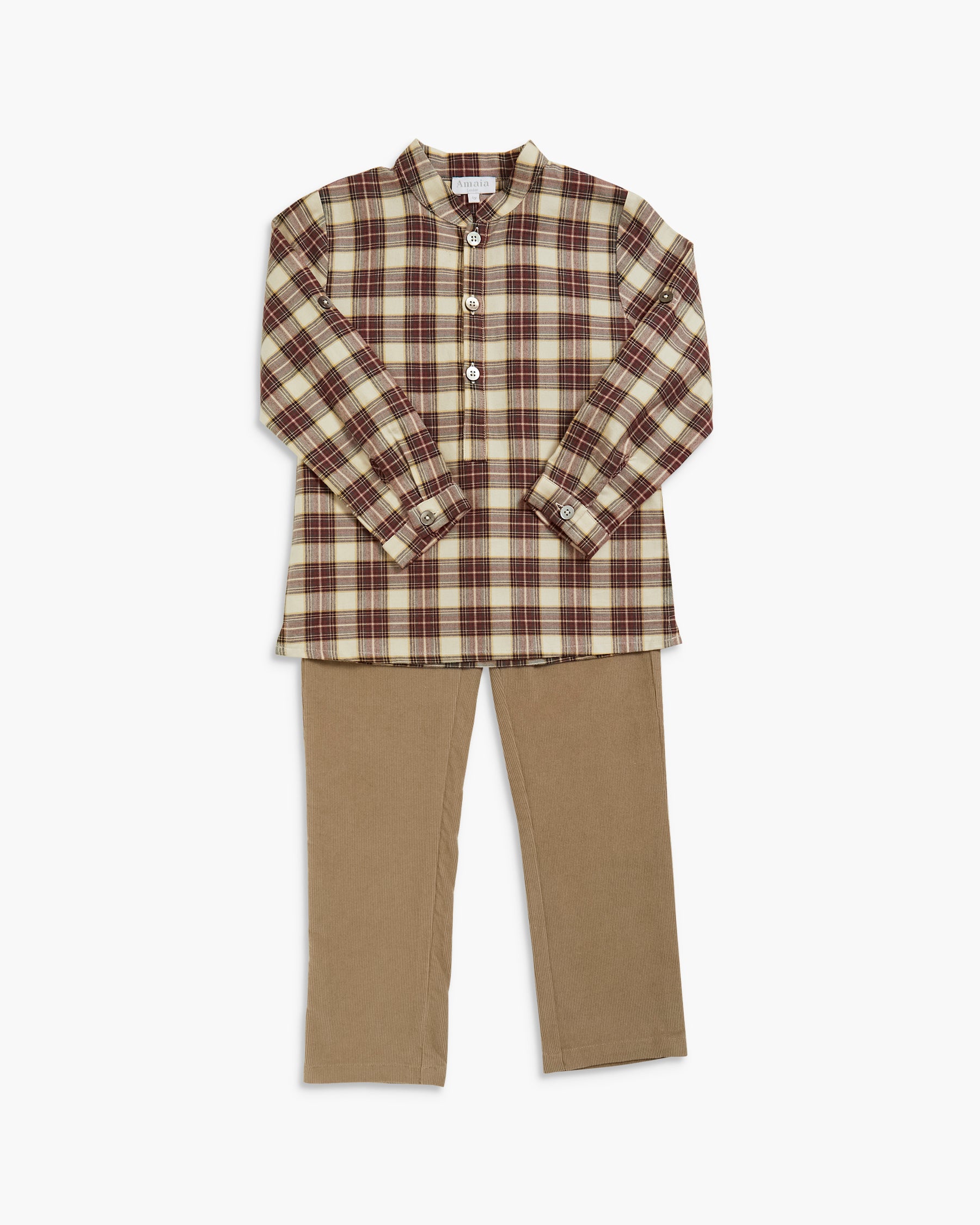 A children's two-piece outfit consisting of a long-sleeve button-up plaid shirt in beige, brown, and white, paired with straight-leg khaki pants, shown flat on a light gray background.