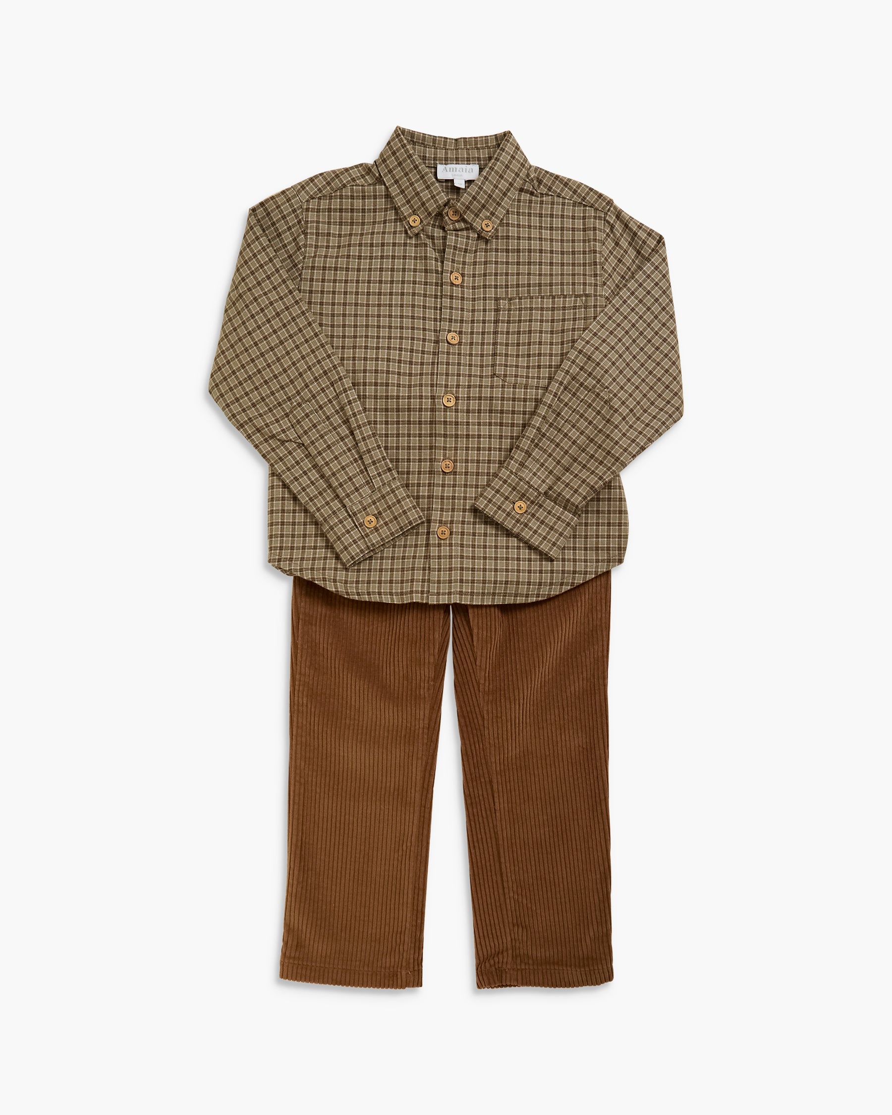 A children's two-piece outfit set featuring a long-sleeve button-down shirt in a brown and beige checkered pattern, paired with brown corduroy pants, displayed on a clean white background.