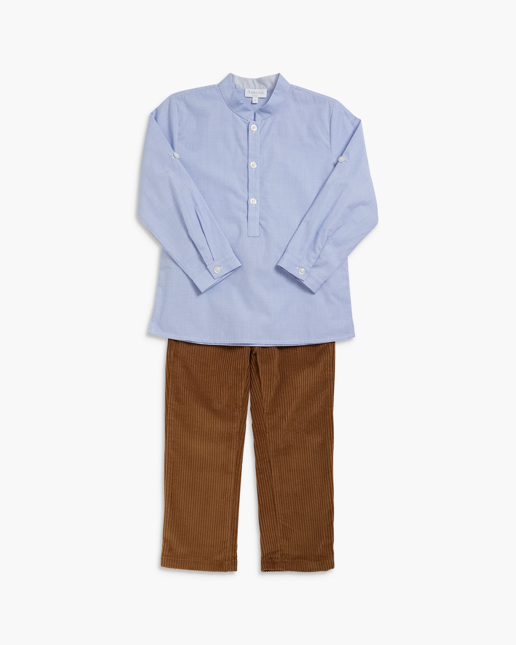 A two-piece children's outfit set featuring a light blue long-sleeve button-up shirt with a mandarin collar and brown corduroy trousers, laid flat against a light gray background.