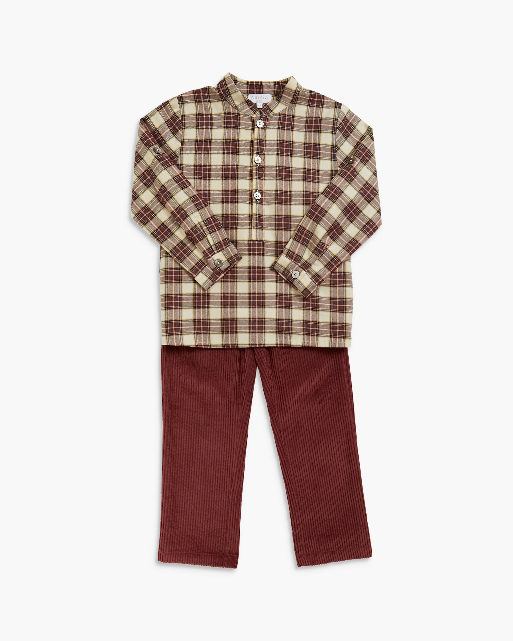 A two-piece children's outfit set featuring a long-sleeve button-up plaid shirt in beige, brown, and white, paired with dark brown corduroy pants, displayed flat against a light gray background.