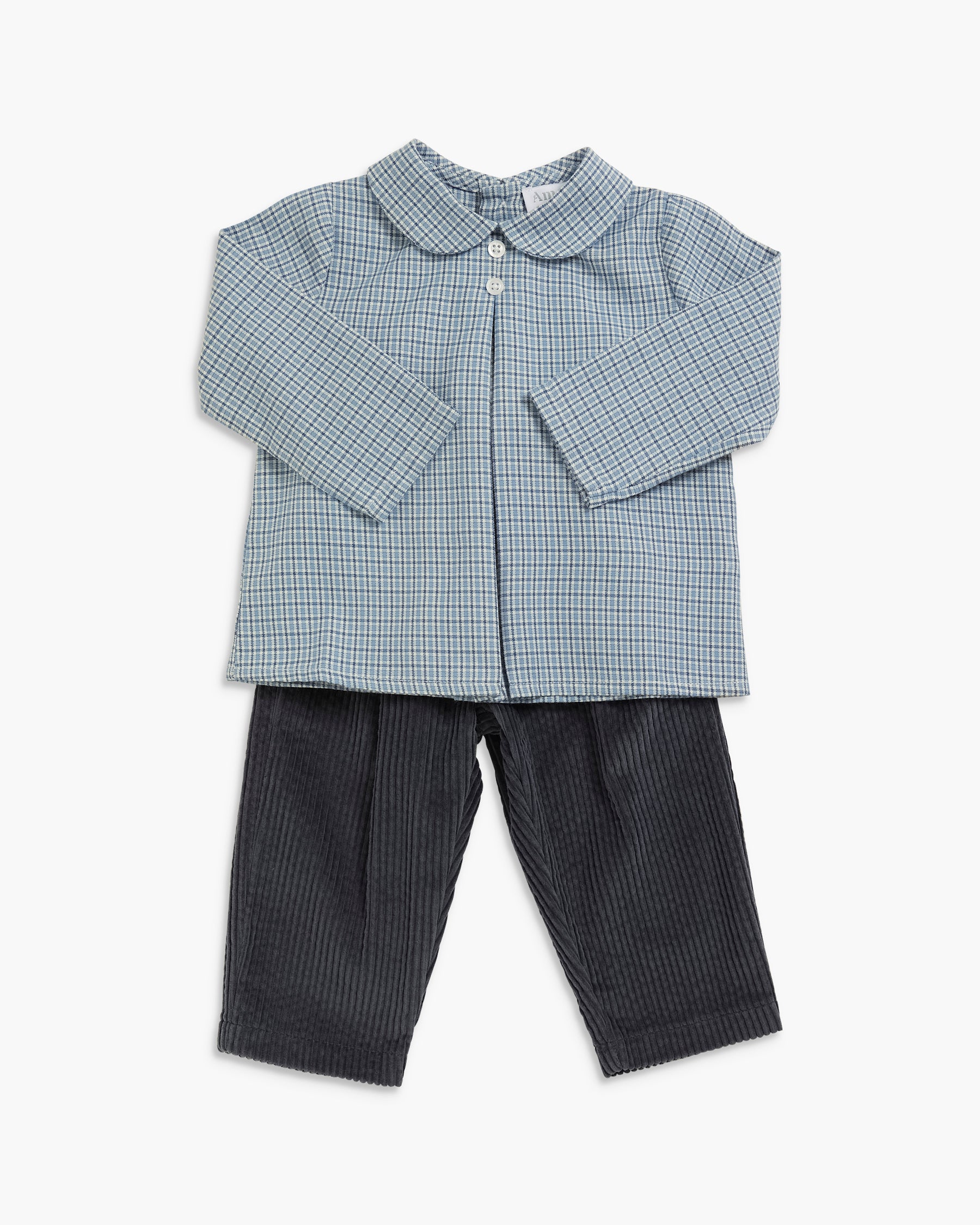 A two-piece baby outfit set featuring a long-sleeve button-up shirt in a light blue and white gingham pattern with a Peter Pan collar, paired with dark gray ribbed corduroy pants, laid flat on a white background.