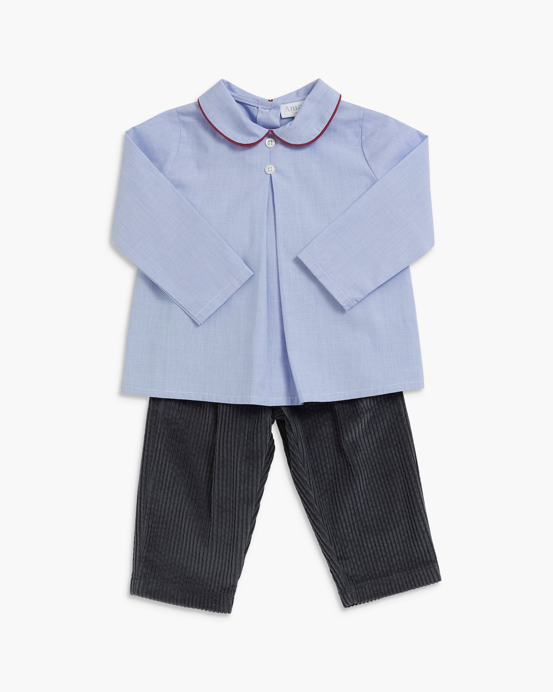 A two-piece children's outfit set featuring a light blue long-sleeve button-up shirt with a dark red double-breasted collar, paired with dark gray pinstriped trousers, laid flat on a white background.