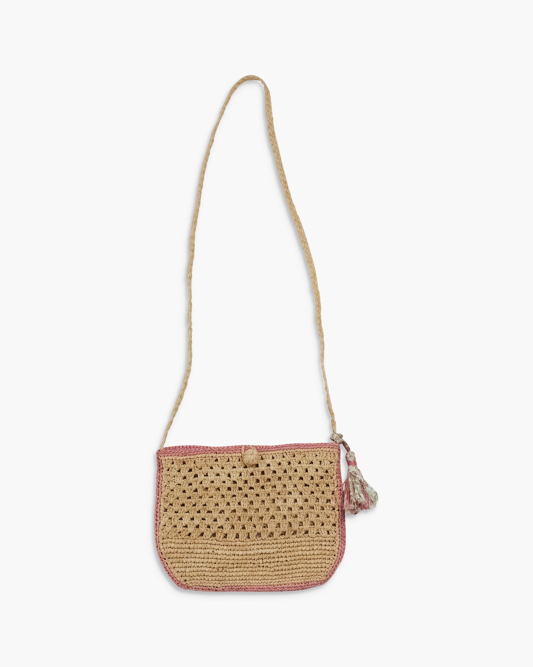 Woven handbag with pink trim on a white background