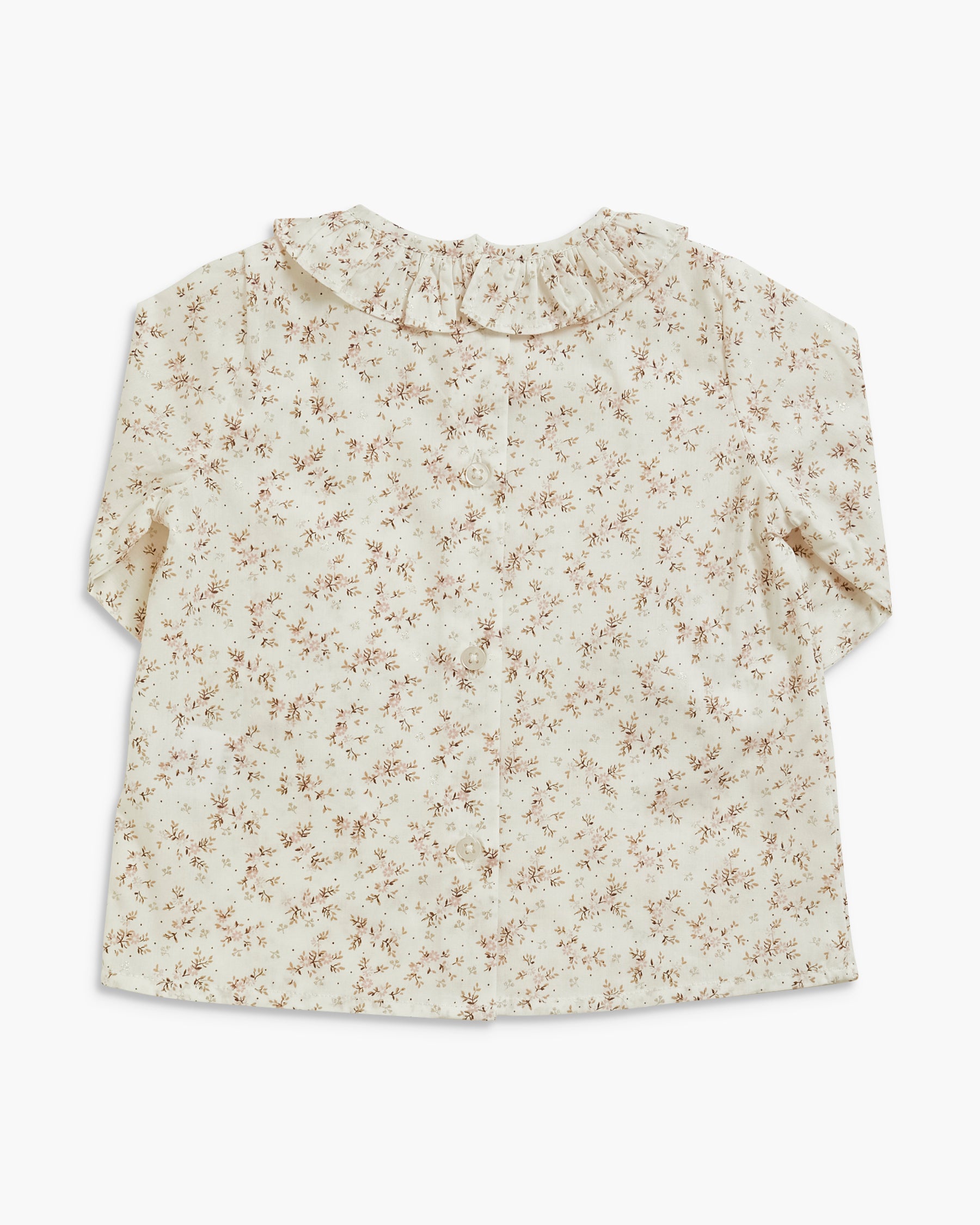 A short-sleeve blouse with a ruffled Peter Pan collar, featuring a delicate all-over floral print in brown and beige on an off-white background.