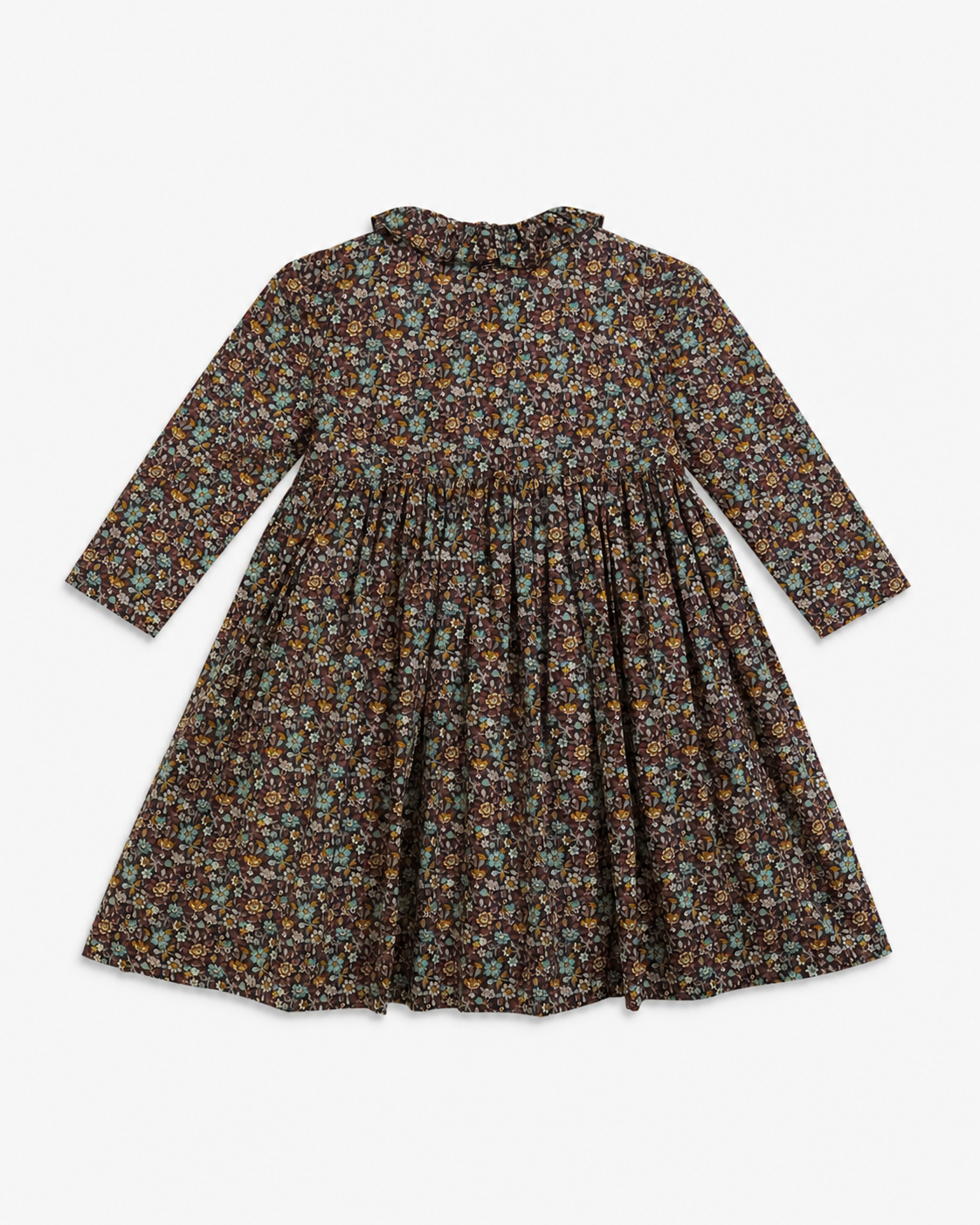 A long-sleeve baby dress with a dark brown base and a dense multicolor floral print, featuring a ruffled neckline and a gathered empire waist.