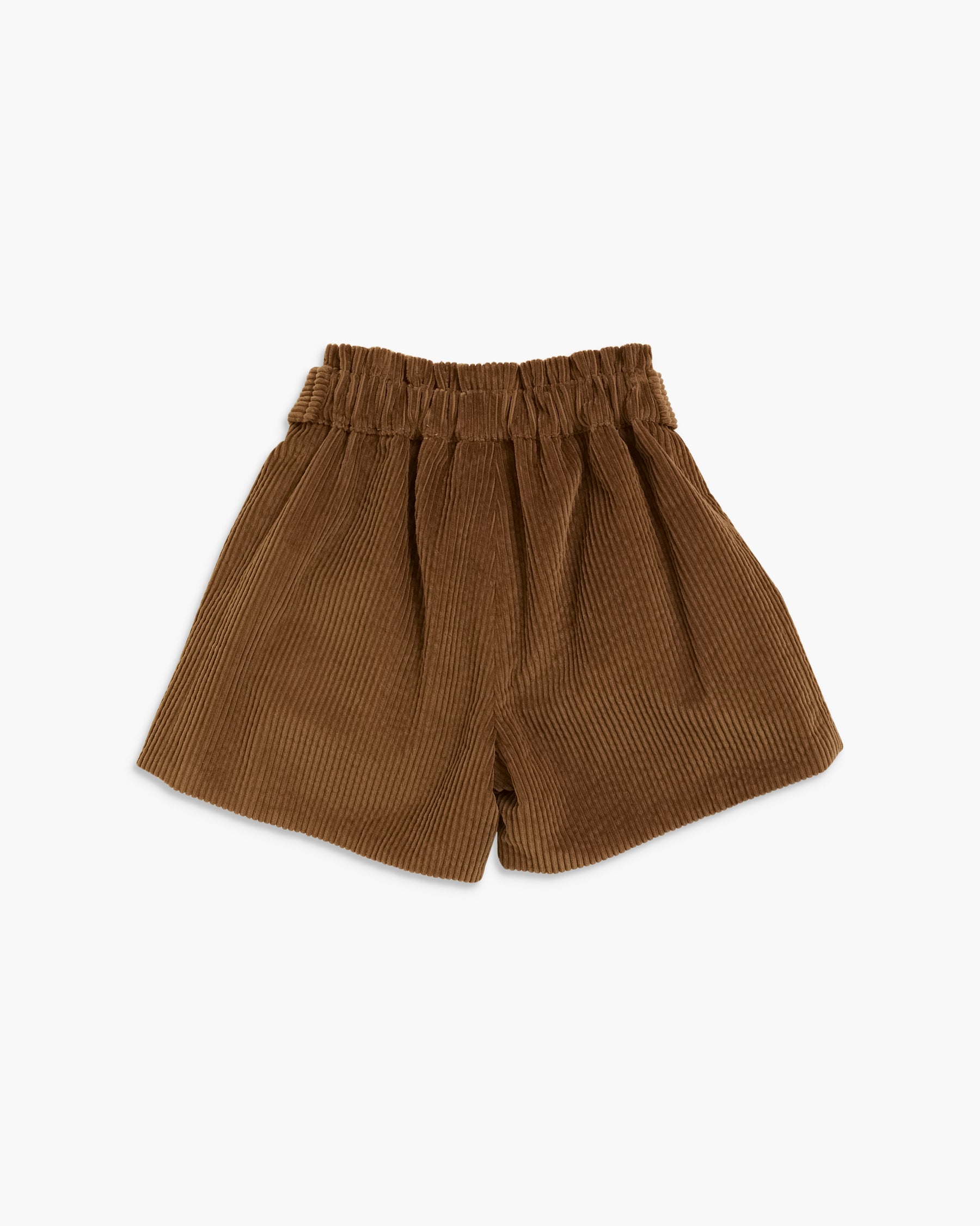A pair of brown corduroy shorts with an elastic waistband, photographed flat against a light gray background.