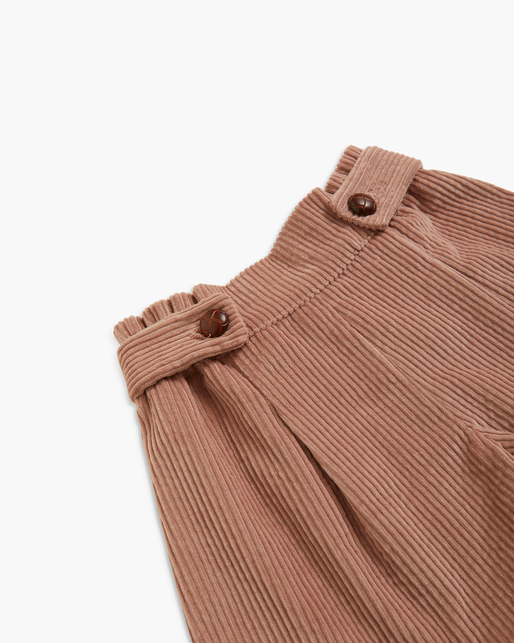 Close-up of a pair of brown corduroy pants showing the waistband with button details, on a clean white background.