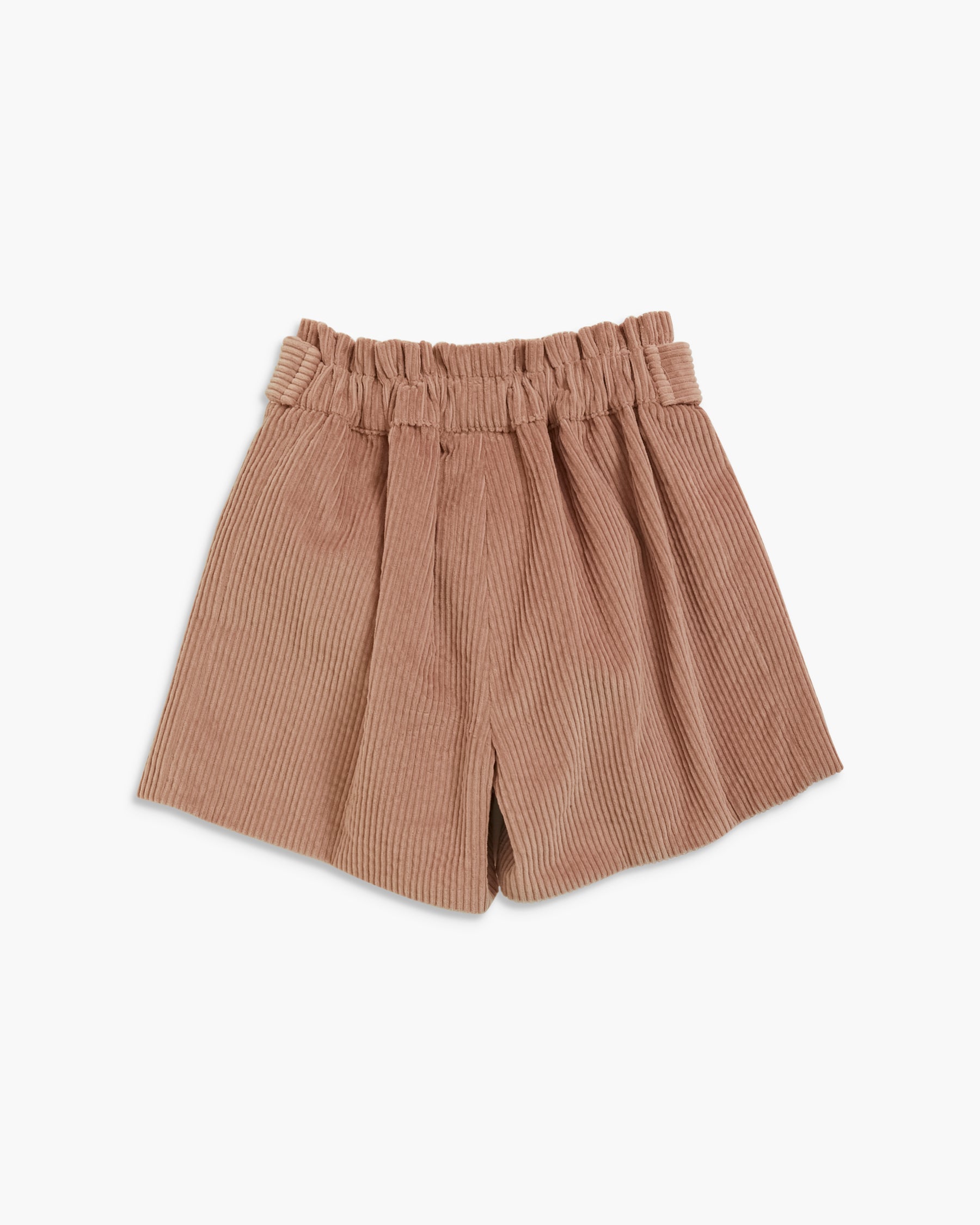 A pair of toddler shorts in a ribbed corduroy fabric, featuring an elastic waistband and a pleated front, in a warm tan-brown color, shown against a plain white background.