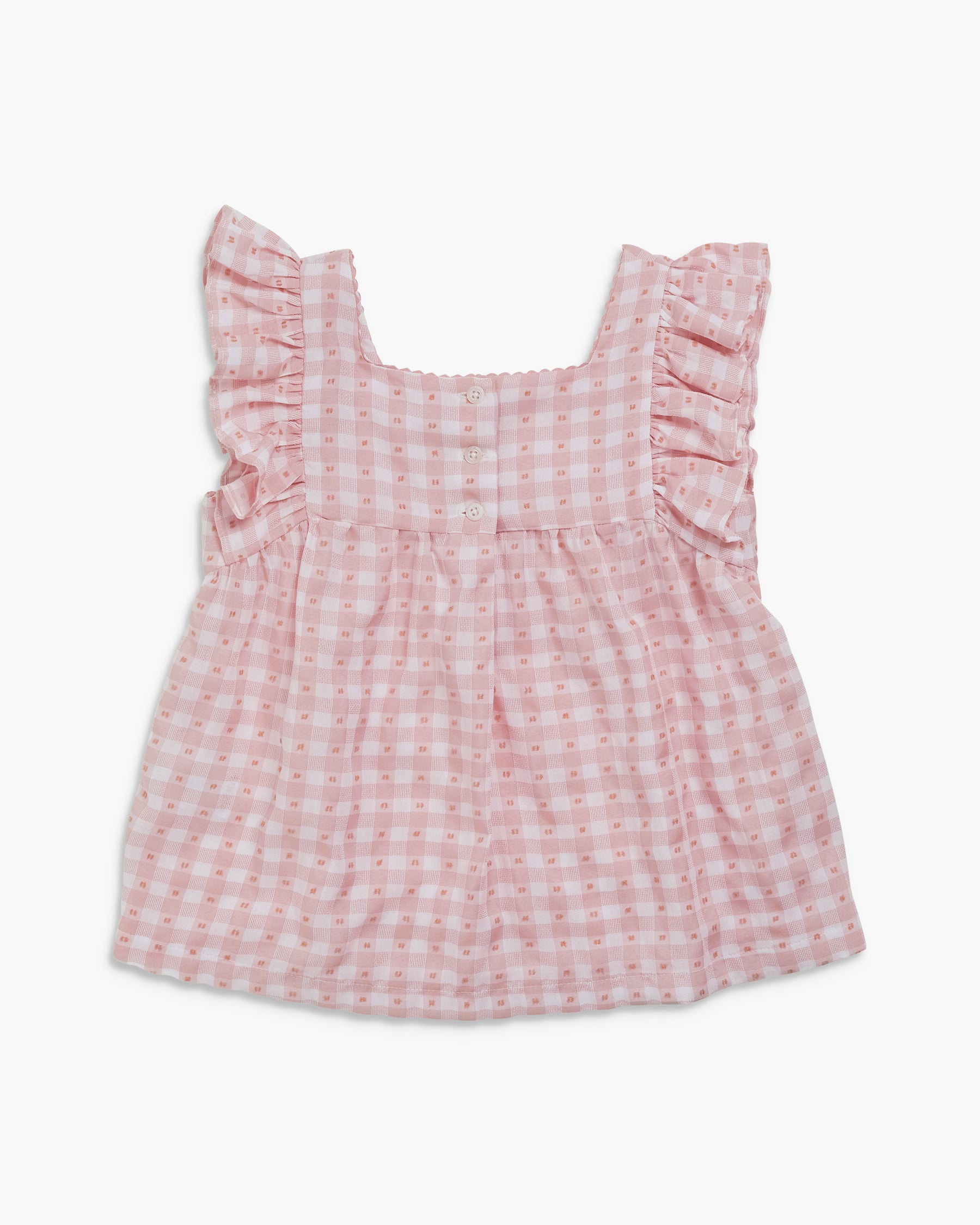 Pink checkered top with ruffled sleeves on a white background
