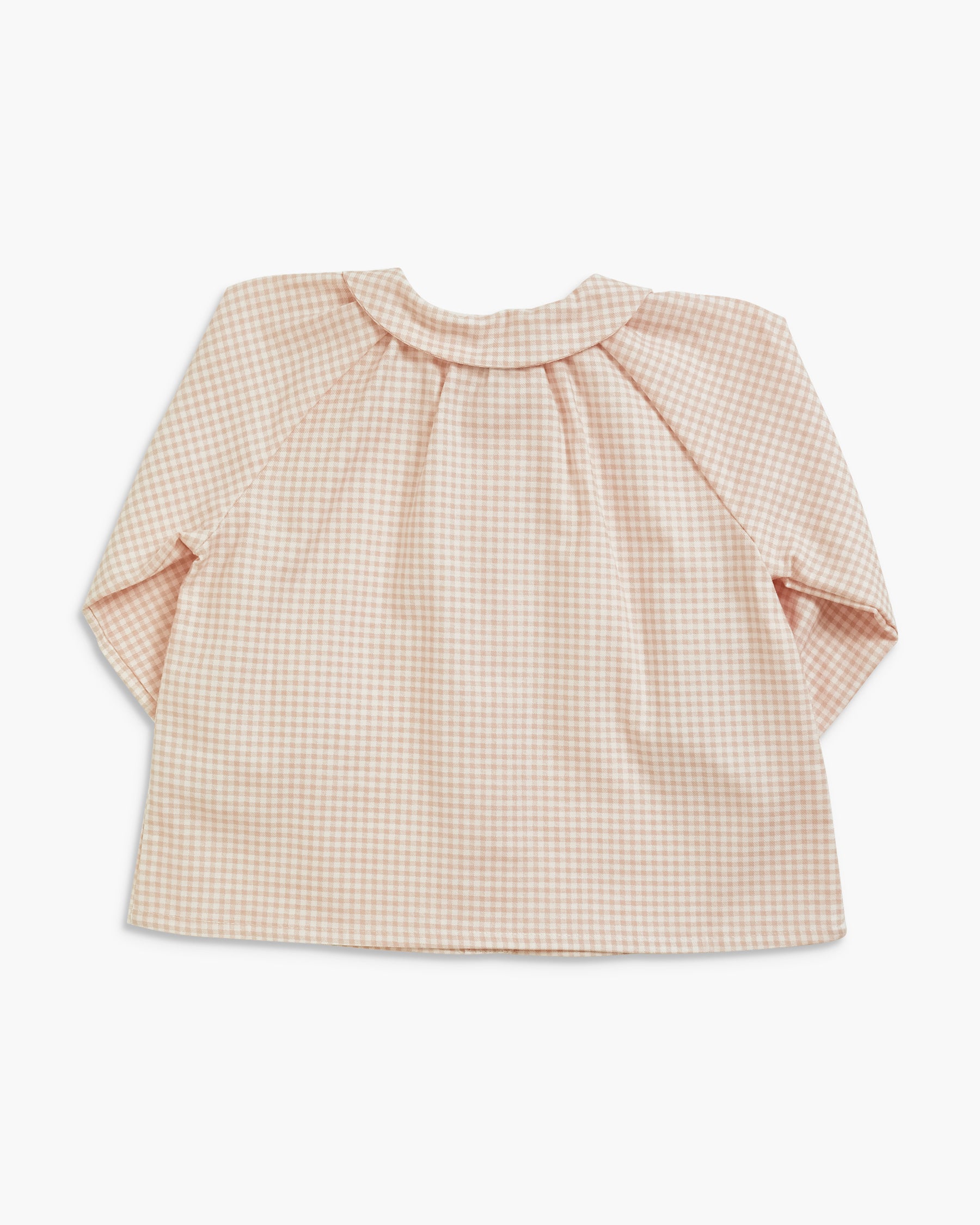 A long-sleeve baby top with a beige and white gingham pattern, featuring a gathered round neckline and short sleeves, shown against a plain white background.