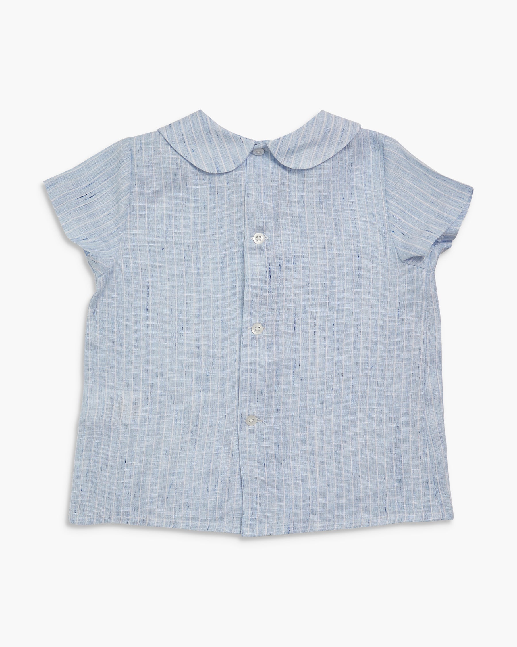 Blue striped shirt with a Peter Pan collar on a white background