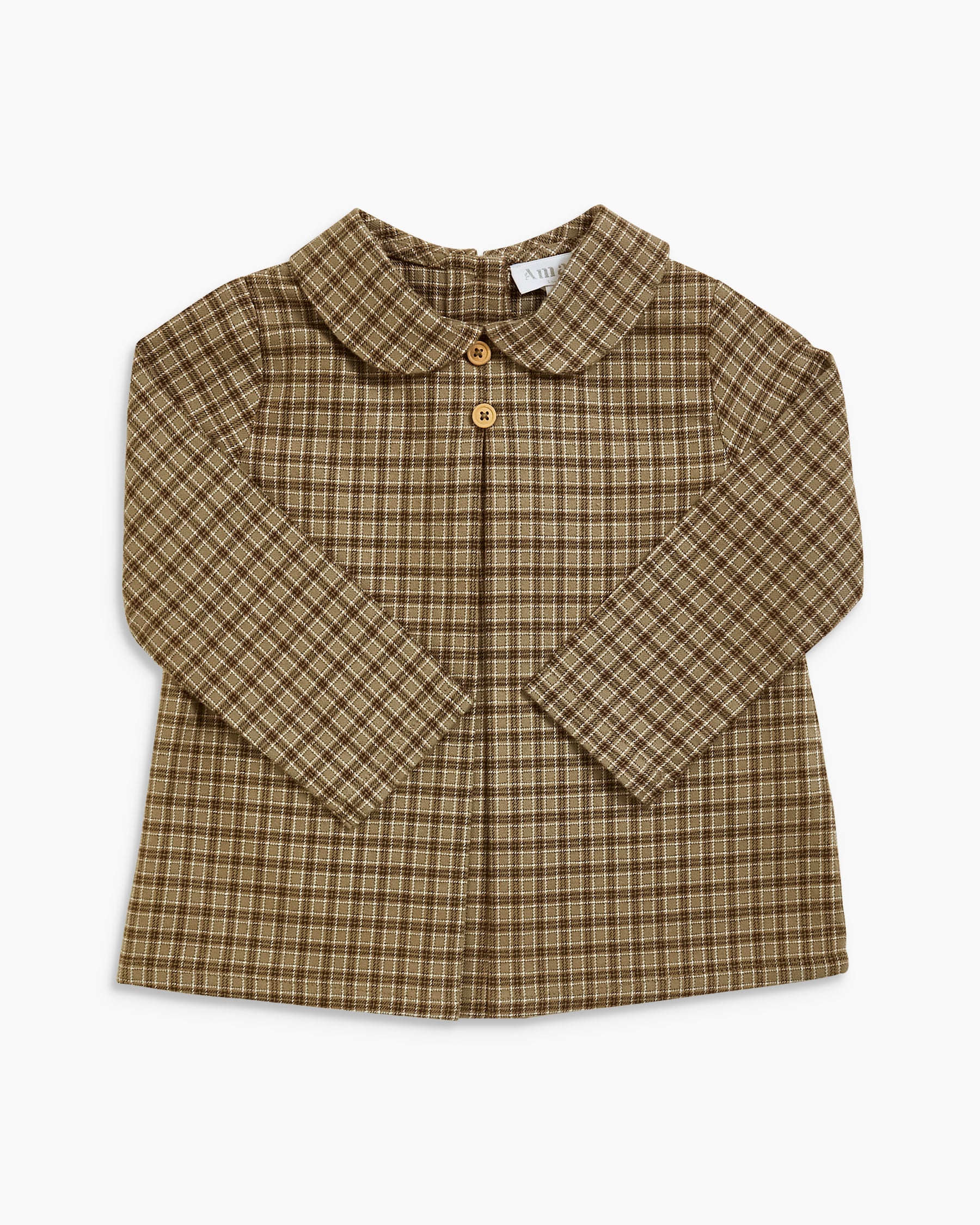 A long-sleeve children's button-front shirt with a Peter Pan collar, featuring a brown and beige plaid pattern, laid flat against a light gray background.