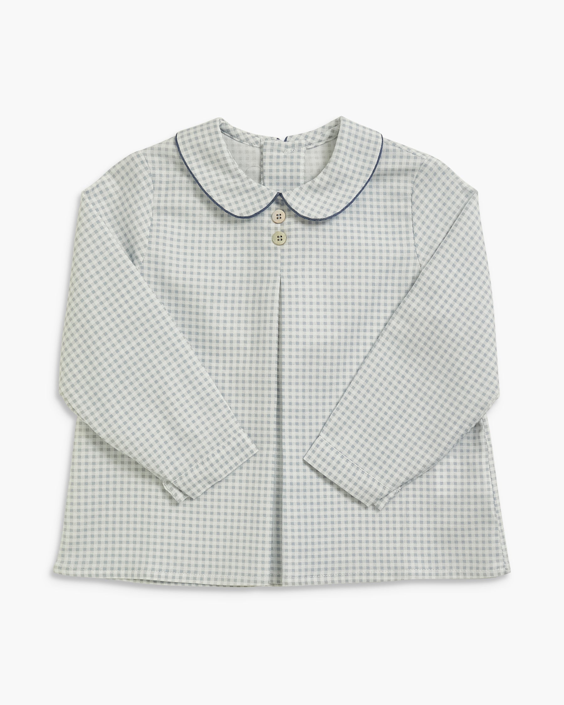 A long-sleeve button-front baby shirt with a Peter Pan collar, featuring a small white and gray gingham pattern with dark blue piping.
