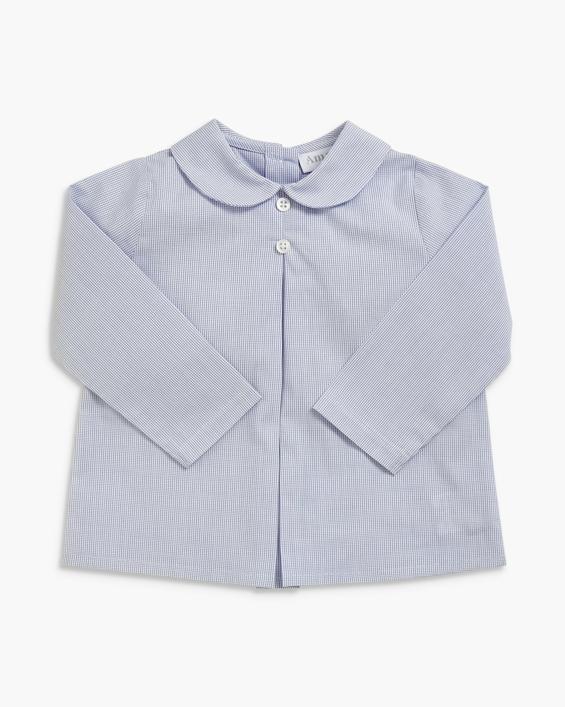 A light blue and white micro-striped long-sleeve button-up shirt with a Peter Pan collar, laid flat against a white background.