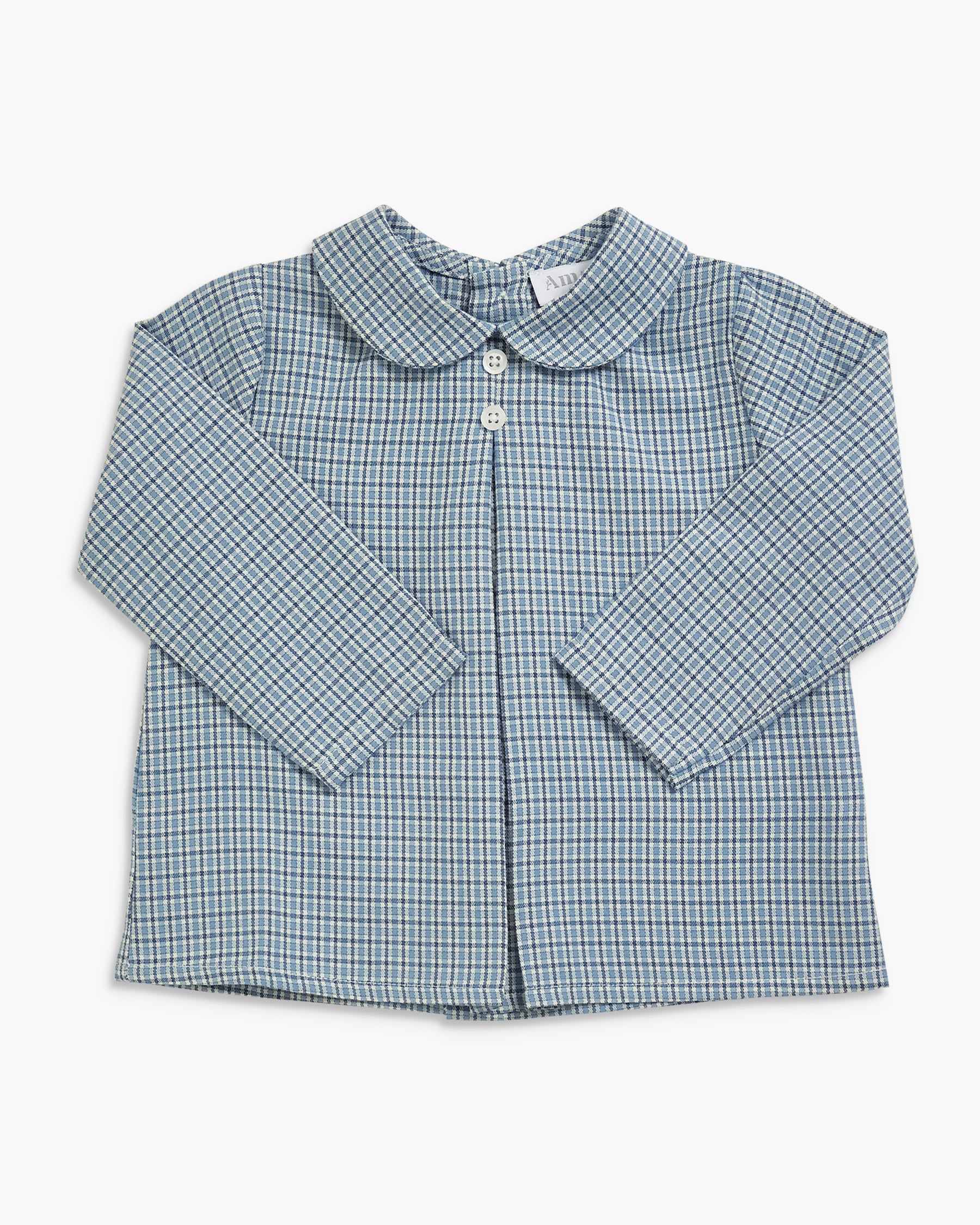 A long-sleeve button-up shirt for toddlers, featuring a blue and white gingham check pattern, a Peter Pan collar, and a buttoned front.
