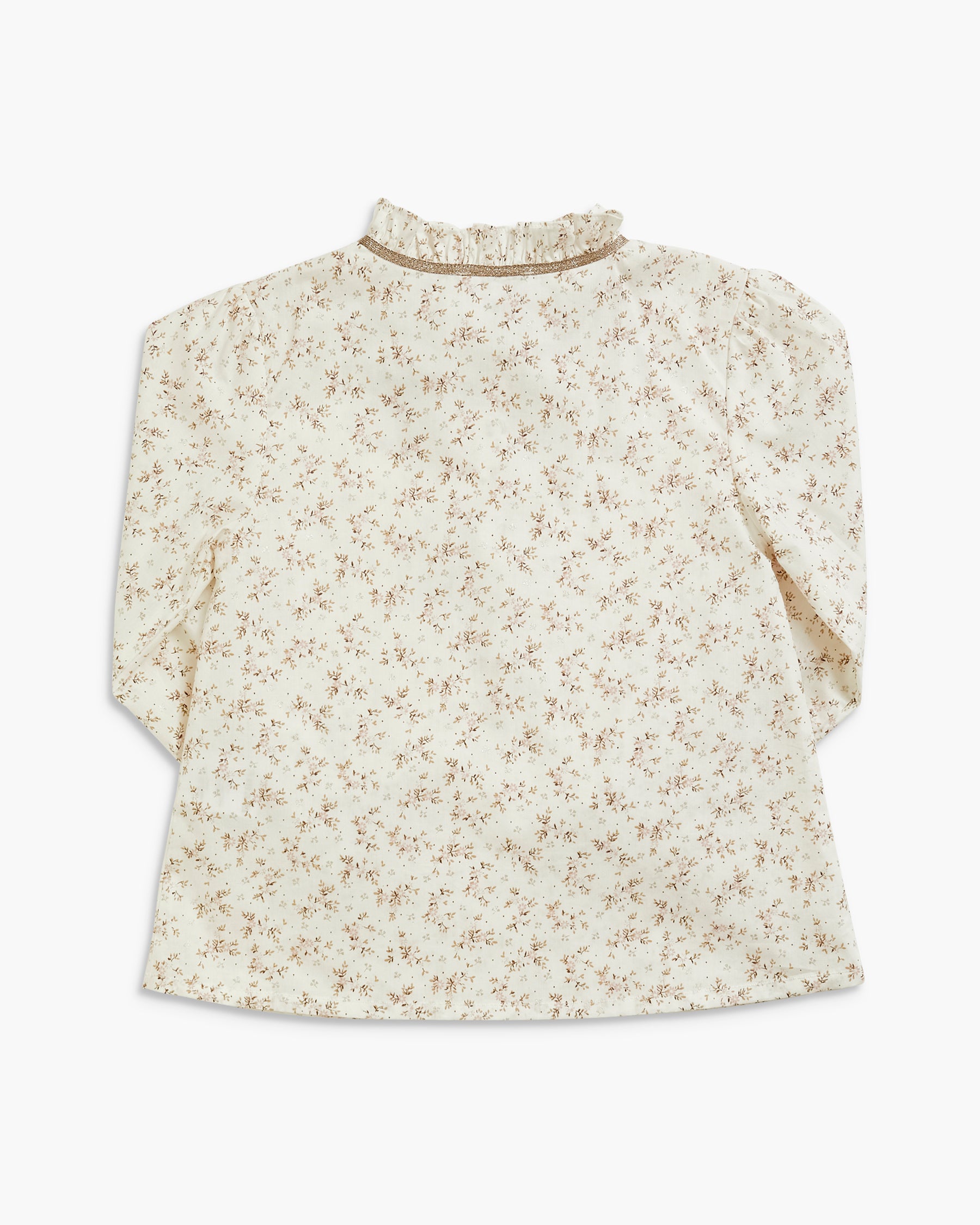 A long-sleeve blouse with a small beige and brown floral print on an off-white background, featuring a ruffled mock neck and puffed shoulders, shown flat against a light gray background.