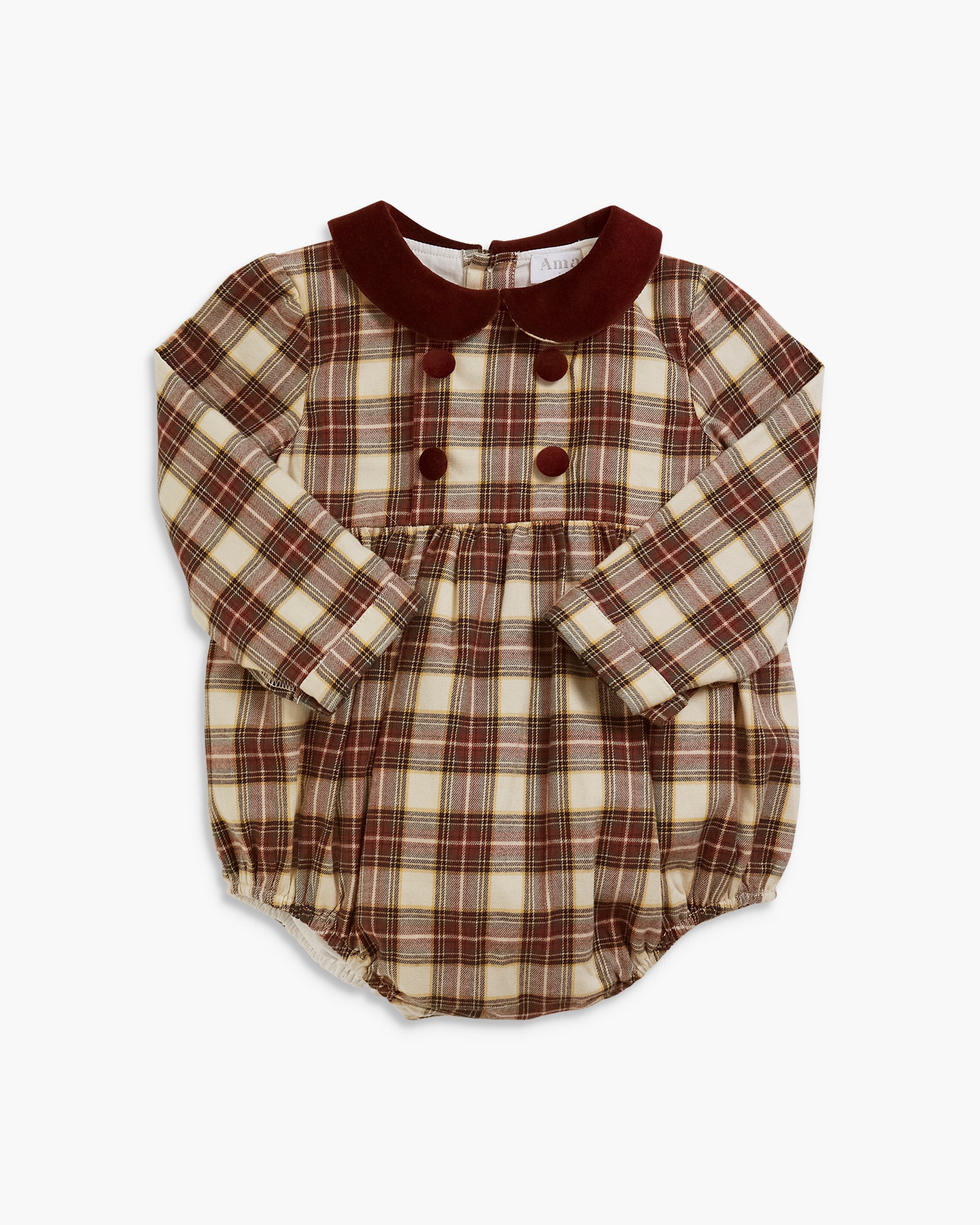 A baby long-sleeve romper in a brown, beige, and white plaid pattern, featuring a contrasting dark brown Peter Pan collar with three decorative buttons.