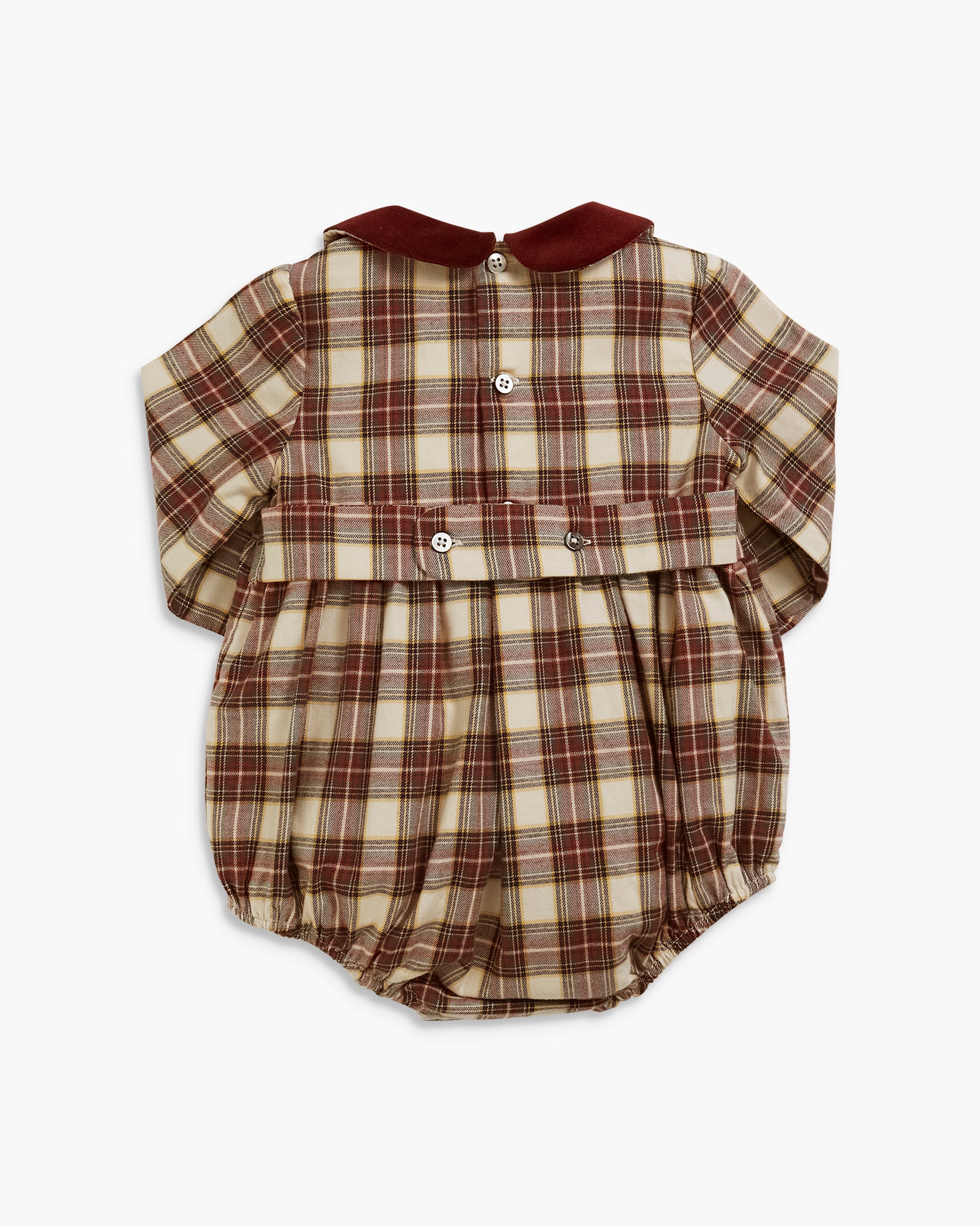 A baby romper in a brown, beige, and white plaid pattern, featuring a contrasting dark red collar and a matching waist tie with snap buttons, shown on a light gray background.