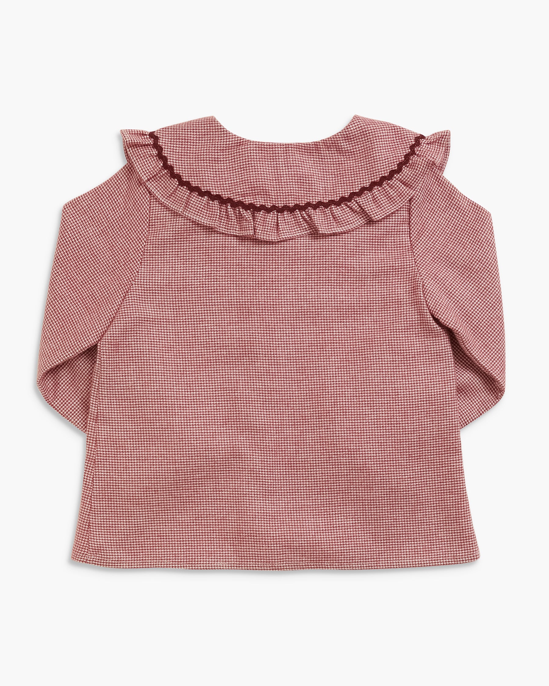 A dusty rose pink long-sleeve top with a fine micro-check pattern and a ruffled collar, shown flat against a light gray background.