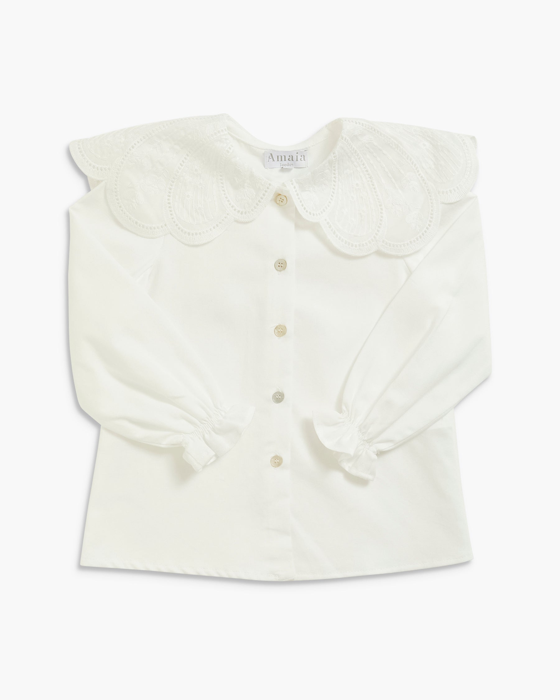 An off-white long-sleeve blouse with a large embroidered lace Peter Pan collar, button-front closure, and gathered elbow-length sleeves with ruffled cuffs, shown flat on a white background.