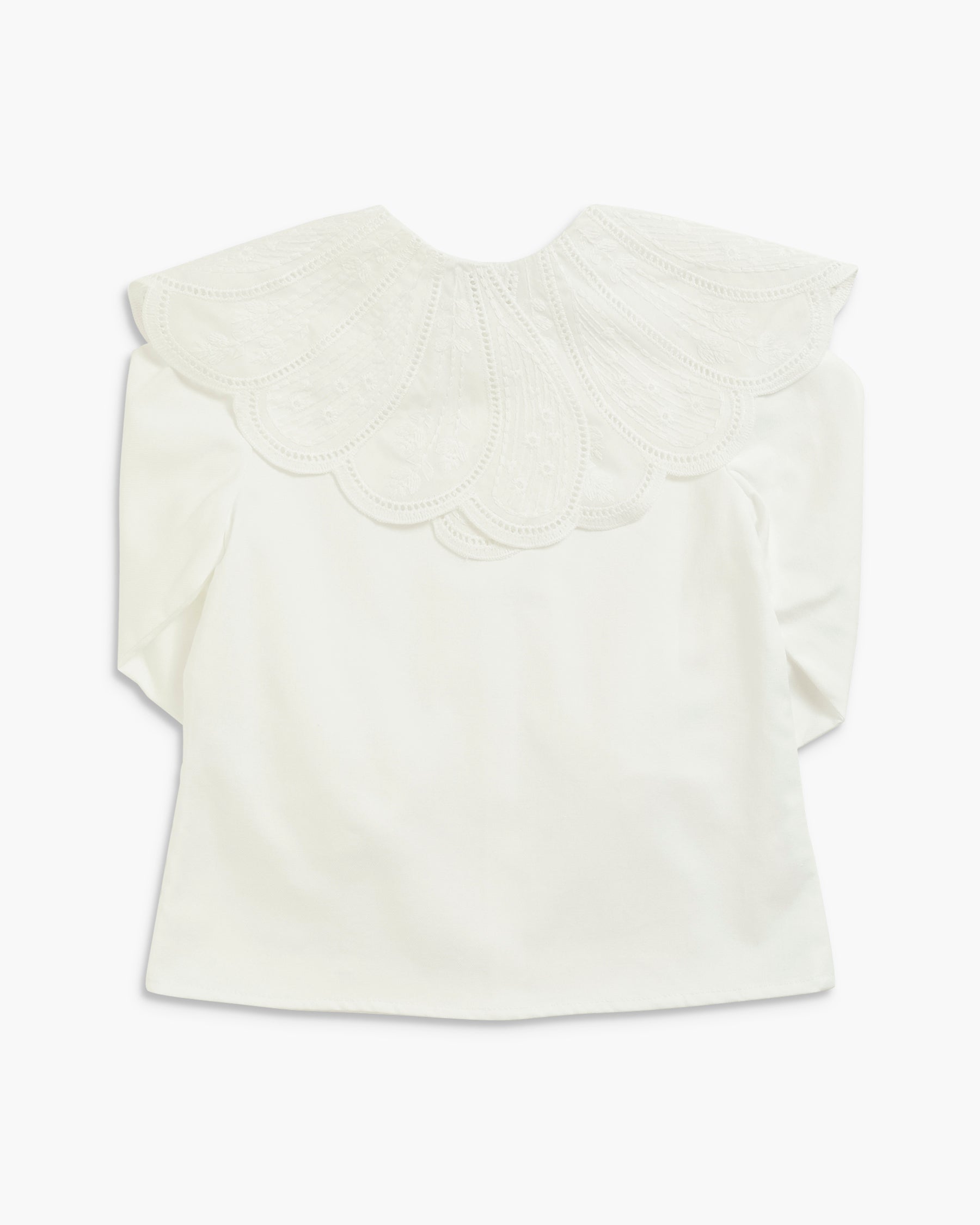 An off-white long-sleeve top featuring a large, wide embroidered lace collar with a scalloped edge, displayed against a clean white background.