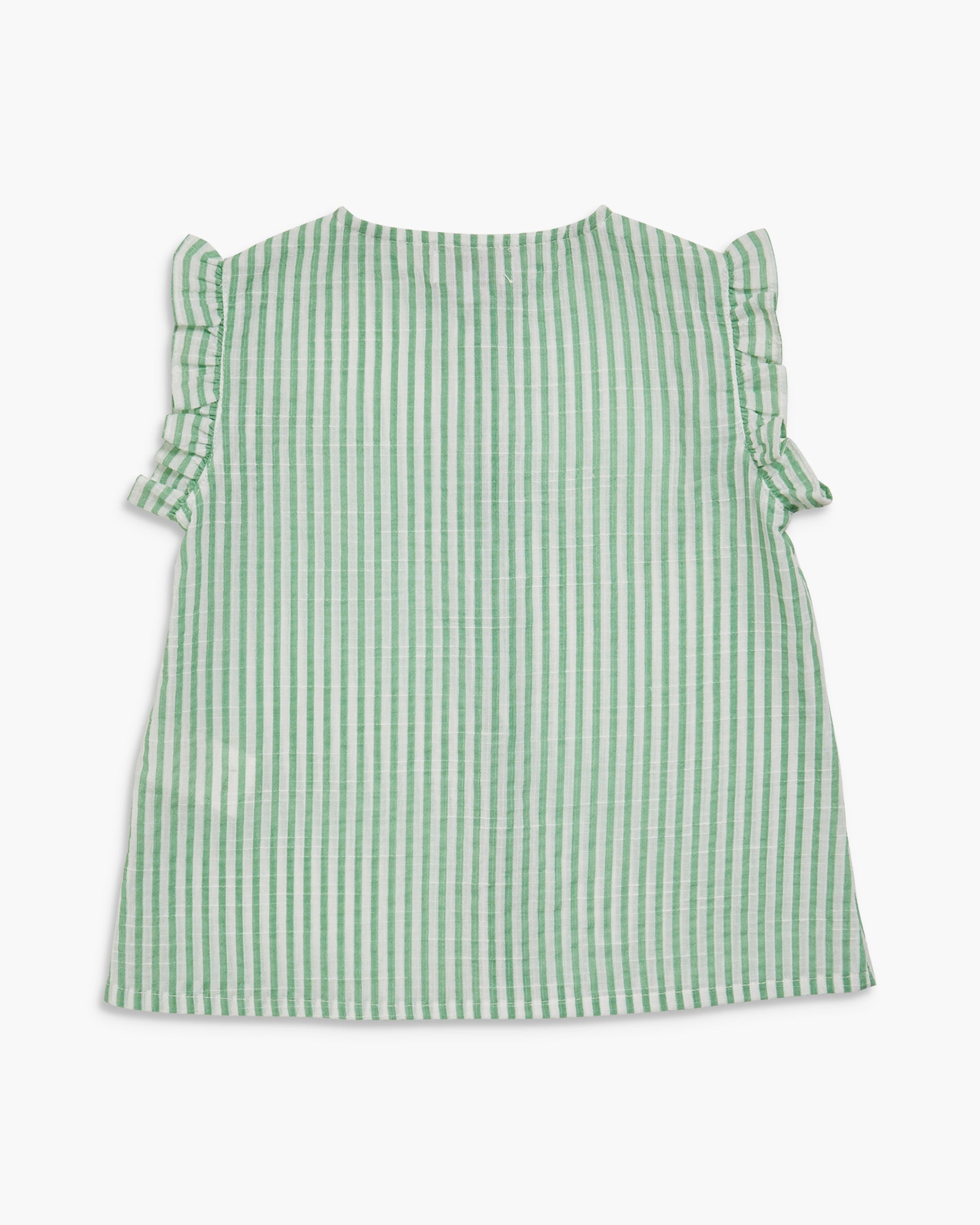 Green and white striped dress with ruffled sleeves on a white background