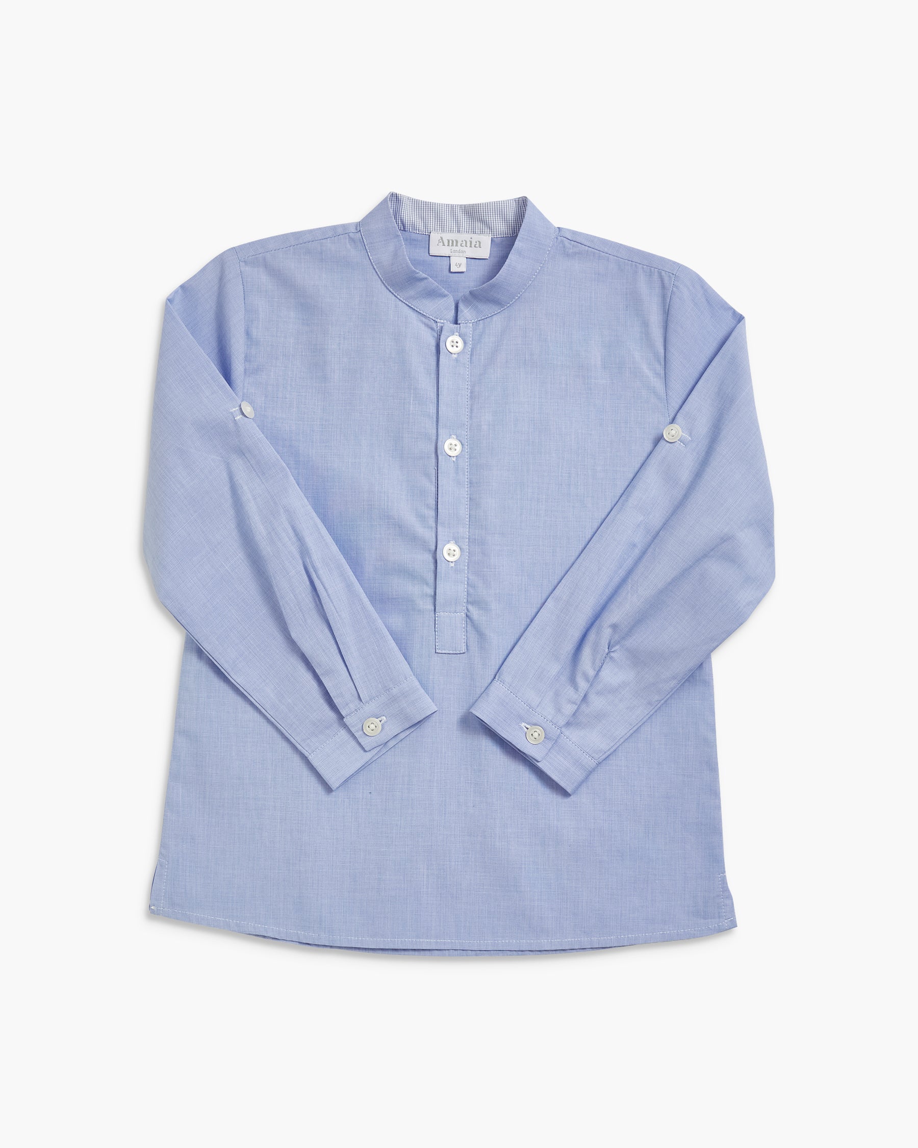 A light blue long-sleeve button-up shirt with a mandarin collar, laid flat against a clean white background.