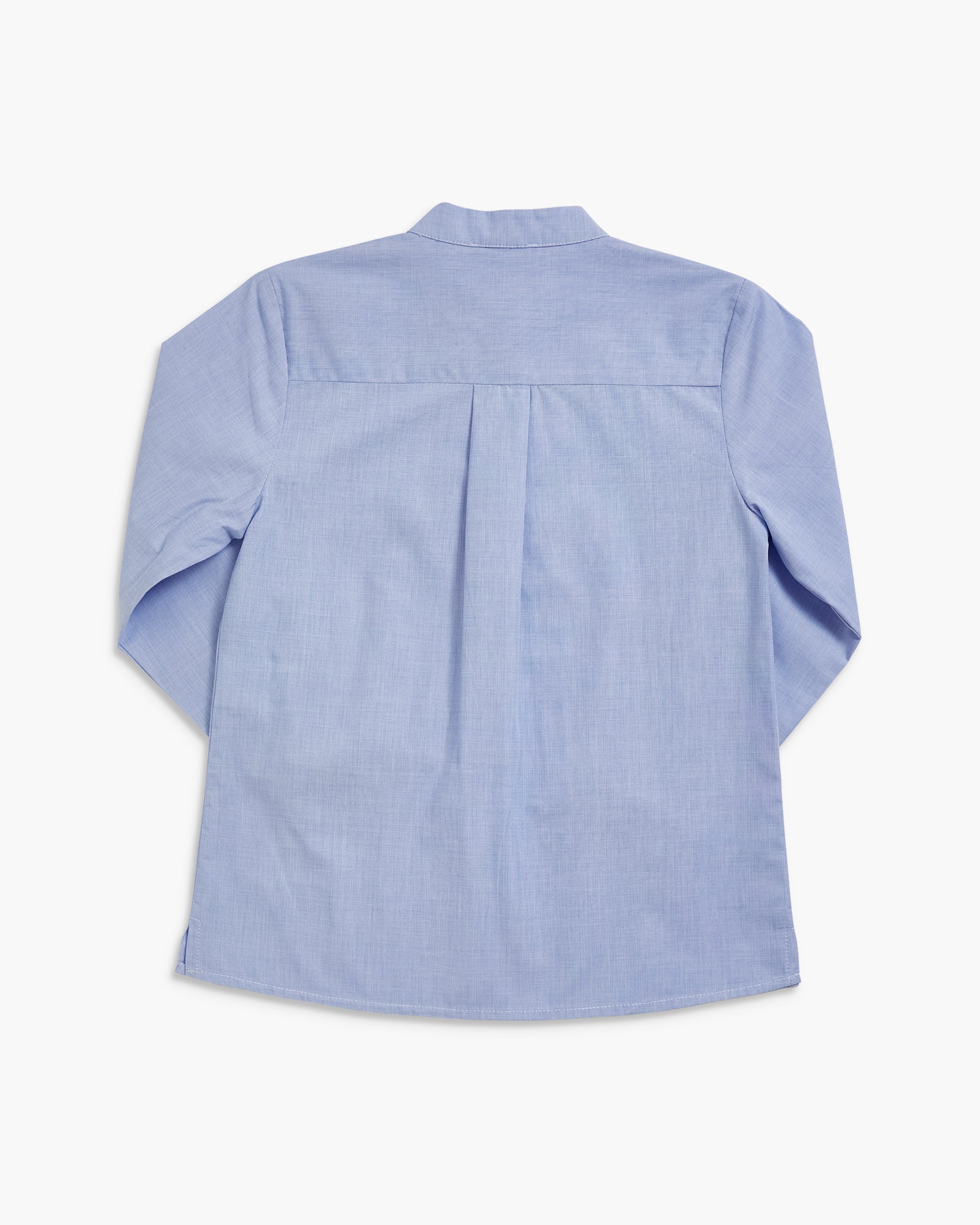 A light blue long-sleeve button-down shirt shown from the back, featuring a subtle textured weave and a central back pleat, laid flat against a clean off-white background.