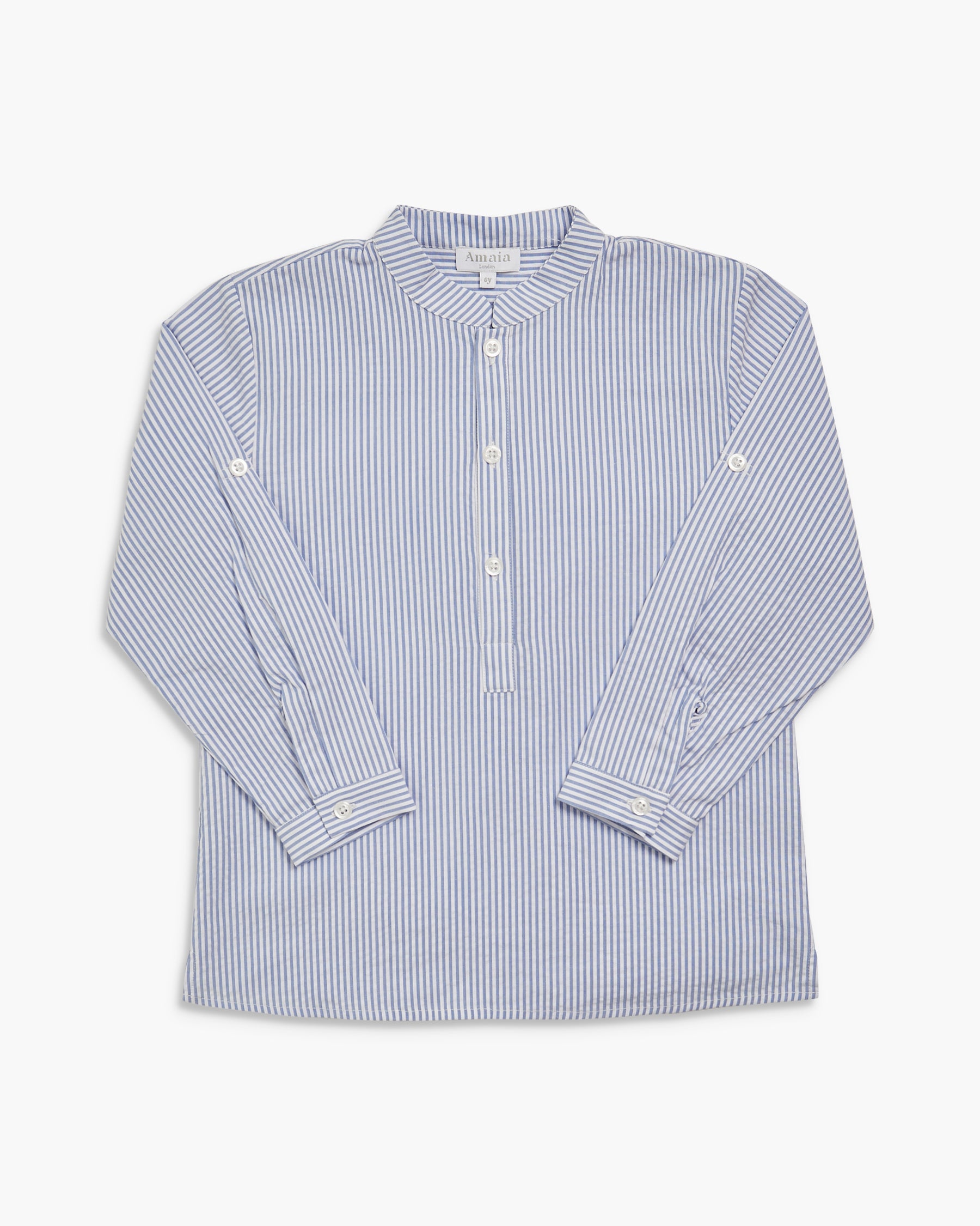 Blue and white striped shirt on a light gray background