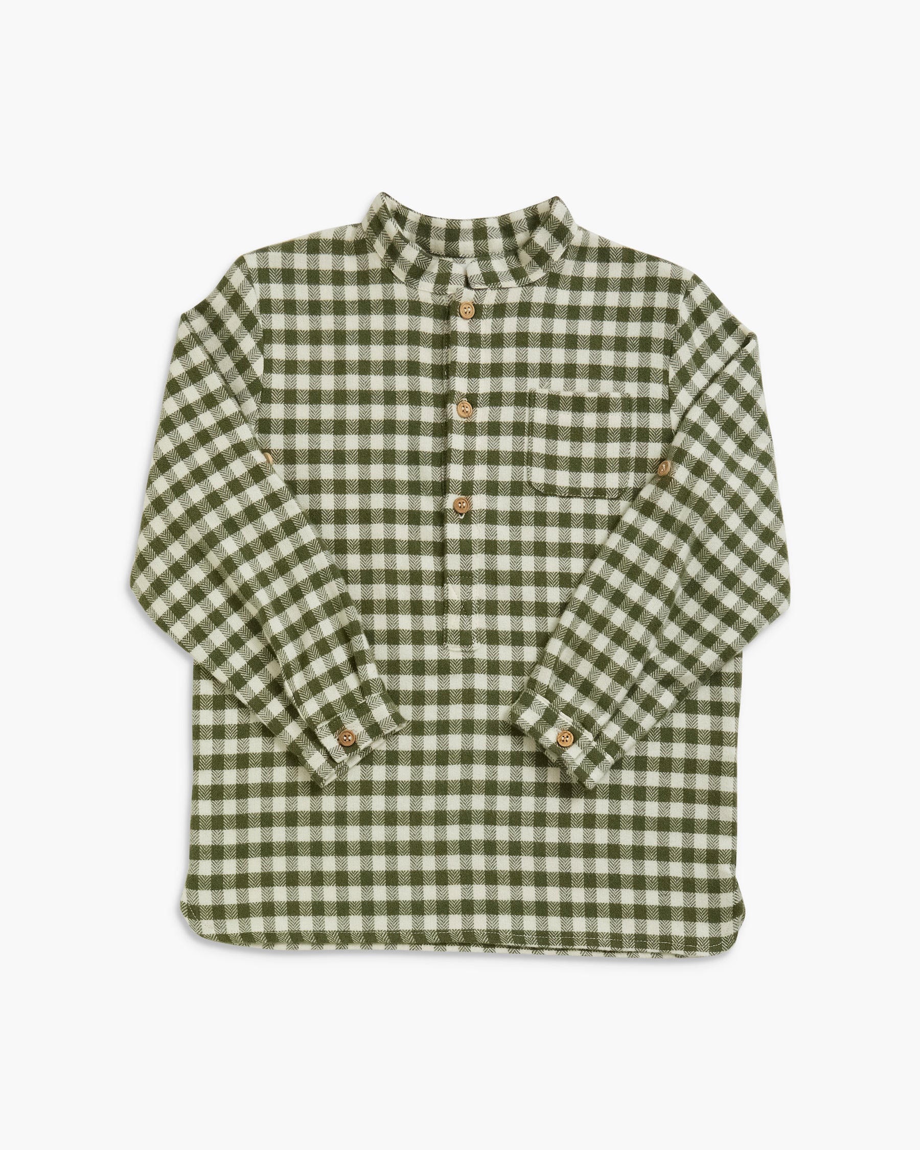 A long-sleeve button-up shirt with a green and white gingham check pattern, featuring a mandarin collar and a chest pocket, laid flat against a light gray background.
