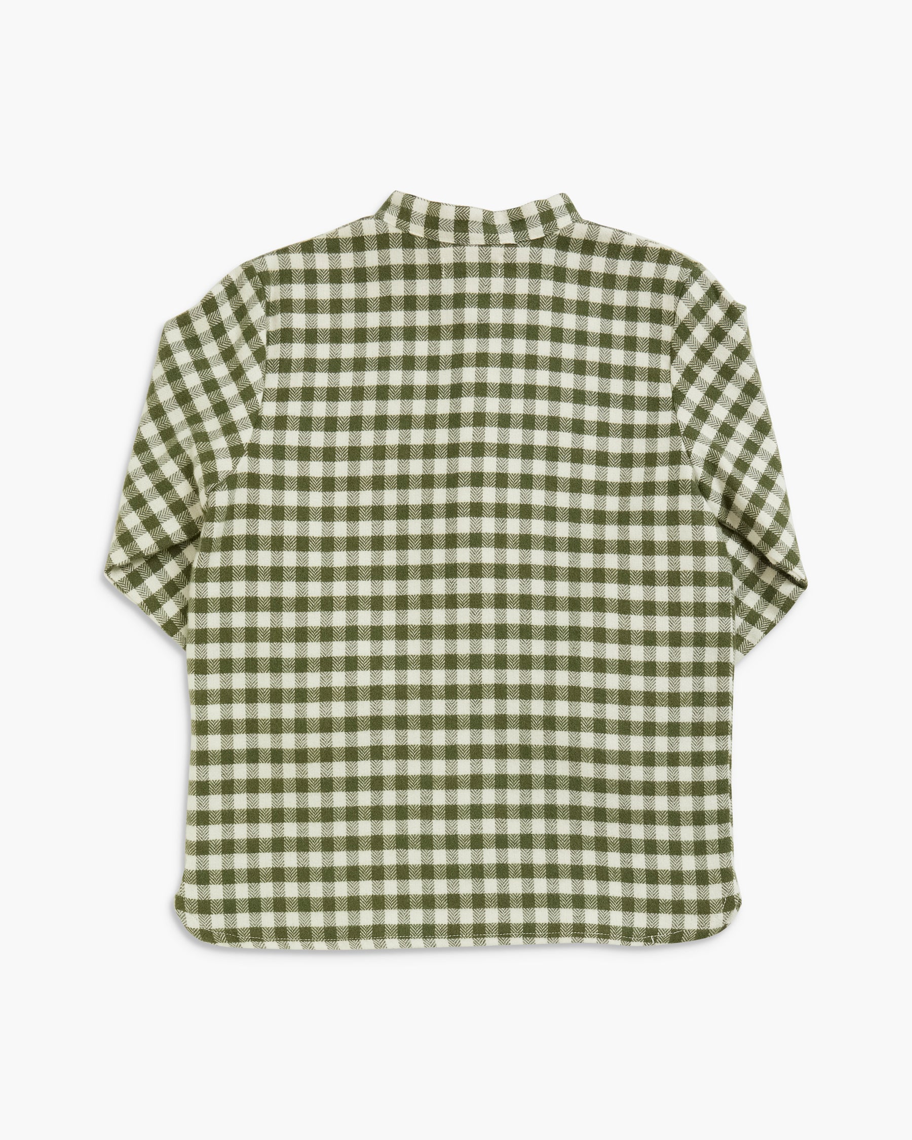 A short-sleeve button-up shirt with an olive green and off-white gingham check pattern, shown from the back on a light gray background.