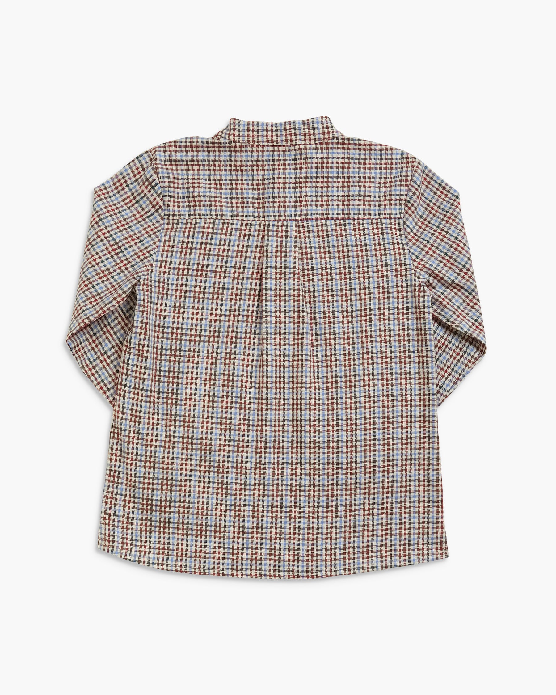 A long-sleeve plaid button-up shirt shown from the back, featuring a brown, beige, and white checkered pattern on a light gray background.