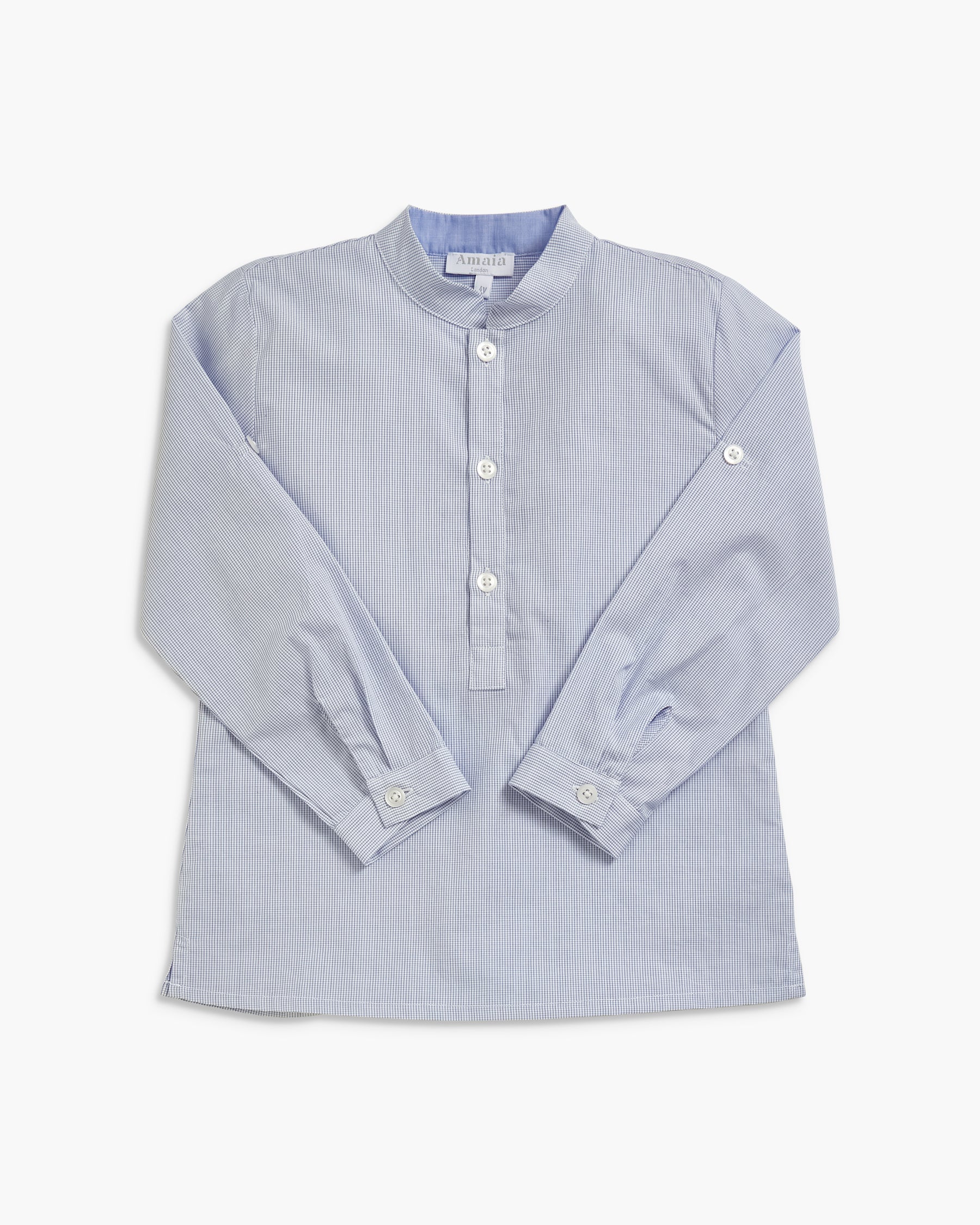 A light blue and white vertically striped long-sleeve shirt with a mandarin collar and button placket, laid flat against a light gray background.